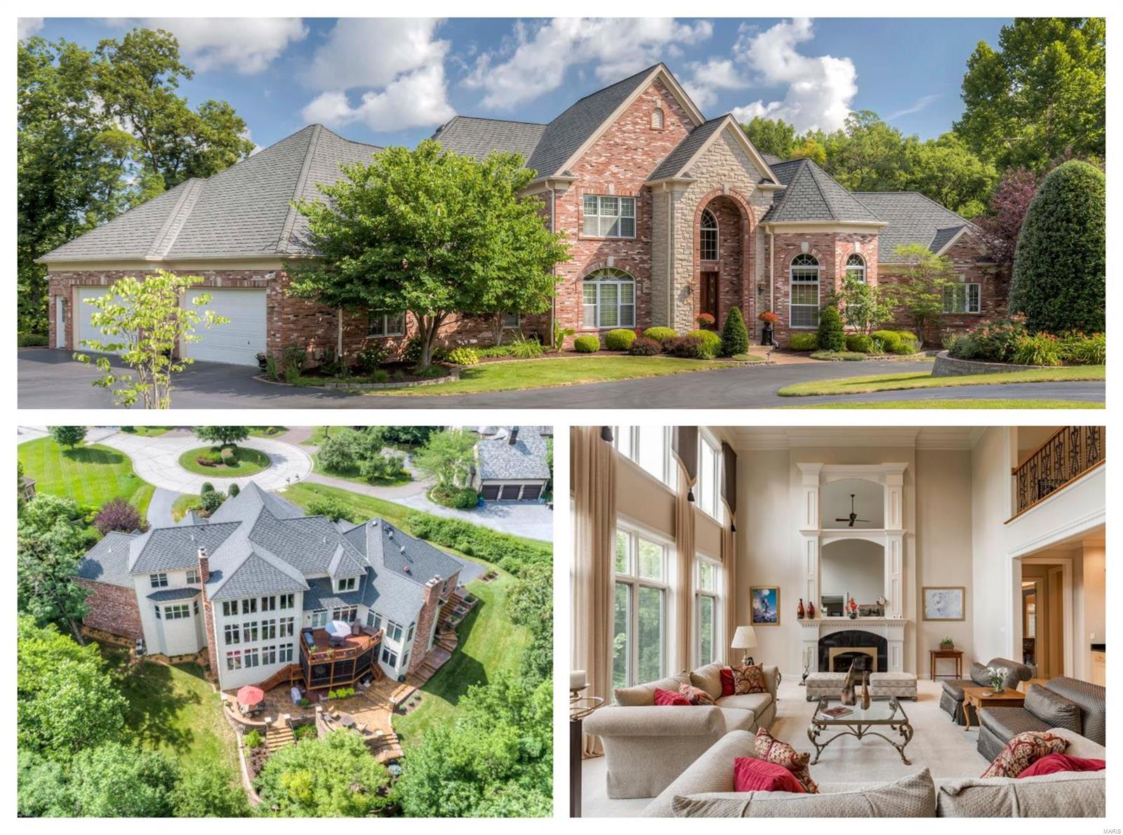 Luxurious amenities perfectly blended with comfortable family living describes this exceptional Sunset Hills home on over an acre in the Estates of Mill Hill. The beauty begins with a gorgeous brick & stone exterior, professionally designed 2 tier concrete glazed patio, accent lighting, natural gas fire-pit & exquisite privy garden. Gorgeous setting, perfect for a future pool! Enter to find 6066 sq ft on the main level... Grand entry w/sweeping staircase & marble flooring, formal dining w/butler serving station, gourmet kitchen w/large isle & bar seating, Viking Pro equipment & hearth rm, 2-story greatroom, private study w/20 ft turret ceiling & IMPRESSIVE MASTER WING! 2nd-floor bedroom w/en-suite, bedrooms 3 & 4 w/Jack'n Jill bath! PLUS 2499 sq ft in the lower level... rec/game rm, bar, family rm, media rm & IMPRESSIVE 22x22, 2000 bottle capacity wine cellar! Add'l highlights: FOUR fireplaces, 10' ceiling, 8' doorways, custom millwork, rear staircase, main floor AND 2nd floor laundry!