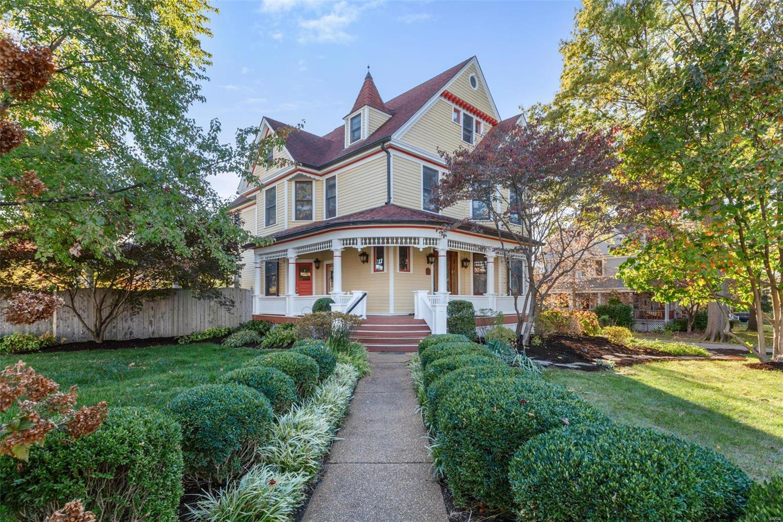 Discover timeless elegance on Monroe Ave, nestled in the heart of downtown Kirkwood. Built in 1895, yet fully renovated in this century, this 3-story Victorian gem is a neighborhood favorite. The inviting wrap-around porch leads to interiors adorned with 10-ft ceilings, multiple elegant fireplaces, stained glass, & art deco moldings. The formal dining room transitions into a gourmet kitchen boasting commercial-grade appliances, dual dishwashers & a tiger wood-topped island. The luxury primary suite impresses with a private sitting room, marble fireplace, bright primary ensuite bath & mahogany walk-in closet. Three additional bedrooms, a bonus room, large laundry & 2 more timeless bathrooms round out the 2nd and 3rd floors.. Outdoor entertaining shines with a heated Gunite pool, tranquil pergola, stamped patio & new gazebo with hot tub surrounded by lush landscaping. This well kept home embodies timeless allure in the heart of Kirkwood. Additional Rooms: Wine Cellar