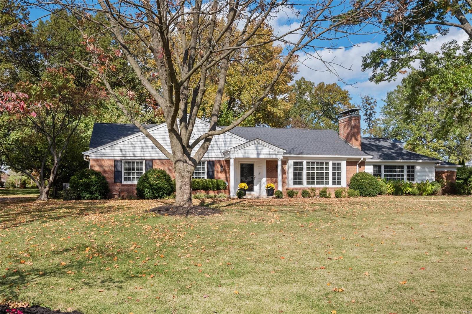 Welcome to this lovely ranch on a peaceful (almost) acre in Frontenac. This 3 bedroom/3.5 bath home has been lovingly renovated for the comfort & delight of today's buyer. You will love the newly refinished grey hardwood floors and lovely woodwork. Entry leads to the living room which showcases a fireplace with marble surround & built-in bookcases. The eat-in kitchen features custom cabinetry, stainless steel appliances, granite counters & a view of the parklike backyard. Separate dining room features a bay window, elegant chandelier & new blinds. Family room has more built-ins, an additional fireplace & new wood floors. The master bedroom addition is spacious with a large walk-in closet & a view of the beautifully landscaped yard. The master bath was completely renovated in 2021 and features a dual sink vanity, air tub, large marble walk-in shower, separate water closet, additional storage cabinet and bay window. Two car garage, inground sprinklers. See feature sheet for more details.