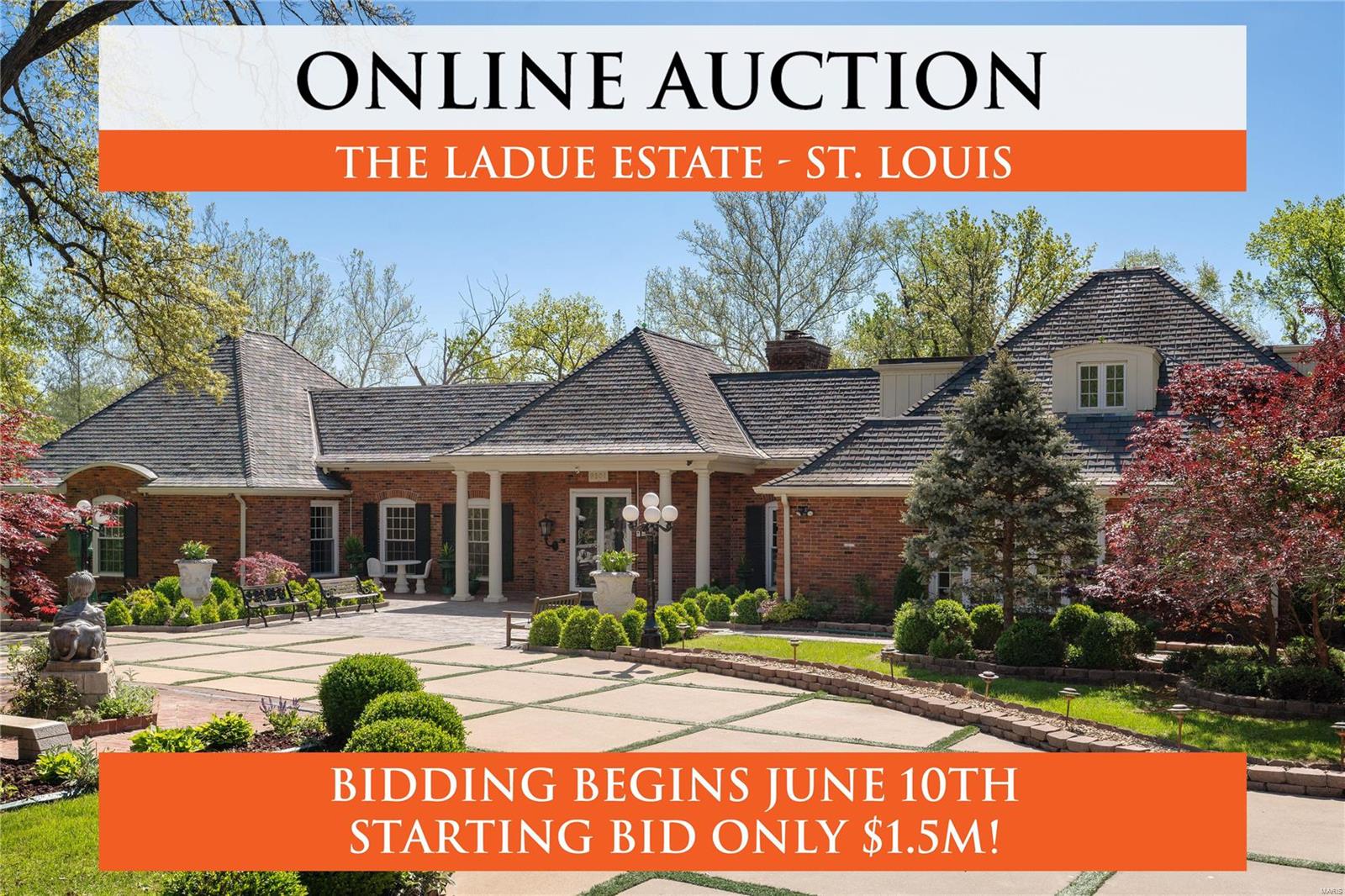 Seller offering property via online auction. Bid online beginning Mon 6/10 with a starting bid of $1,500,000. Preview weekend begins Fri 6/7 to view this magnificent multi-generational style estate. Situated on 3± acres in esteemed Ladue, the home offers 6 bedrooms, 8 full baths, and 5 half baths. The private owner’s wing includes 2 full baths, 2 home offices, a sitting room, and 3 walk-in closets. The home features a gourmet kitchen and breakfast room with stunning views of the estate grounds, multiple entertainment spaces, and high-end finishes throughout. The meticulously landscaped property boasts resort-style facilities including an all-season indoor pool and clubhouse with a full kitchen, 2 baths, sauna and steam shower, a two-story gym, lighted sport court, a 2-story guest house, multiple garages, and an outdoor kitchen. The grounds feature stylish fountains, a turf-paver driveway and exquisite lighting. Contact agent or Interluxe.com for full terms and conditions of the sale. Additional Rooms: Sun Room