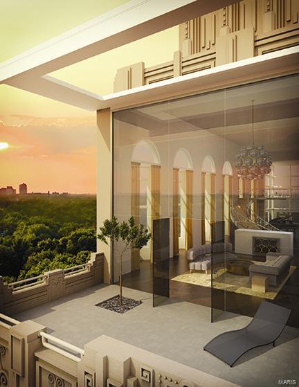 The rich history and exemplary style that has made The Chase Park Plaza of today an unparalleled destination for discriminating travelers, is now the address for sophisticated homeowners. The Penthouse of St. Louis' most beloved building presents a rare opportunity to create a custom home that is truly unique. Over 6600 square feet of living space with soaring ceilings, dramatic bay windows and 360 degree views await your personal design. Beautiful historic lobbies, historic heated swimming pool, five-screen movie theatre, salon and spa, business center, 24-hour valet parking and concierge and an 18,000 sq.ft fitness center. Dine in or order room service from one of five restaurants. Beautiful outdoor rooftop garden terrace with a fireplace, water feature, a community garden, grilling and seating areas is featured on the third floor. Savoy Room, includes a fireplace, dining spaces, plasma television, attached serving area and kitchen, conference table, lounge furnishings. Location: City, Corner Location