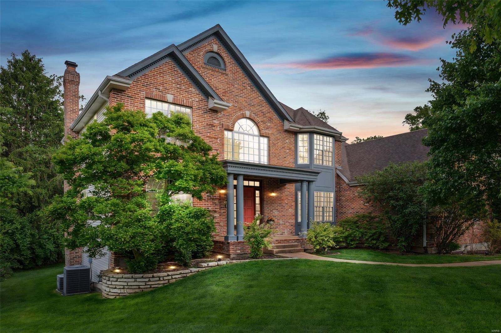Impressive 5 bedroom two-story with 3-car garage on a secluded street is in the Ladue school district. Enter through a gracious two-story entry. On the right is a large dining room and to the left is a versatile flex room to meet your various needs. The large bright great room has a wood fireplace and a wall of windows overlooking a private backyard. The heart of the home is a kitchen hearth-room combination featuring a vaulted ceiling with skylights and a gas fireplace. Notice the screened porch, main floor laundry, and half bath on the main level. Upstairs are 4 spacious bedrooms and 3 bathrooms. The primary ensuite has a coffered ceiling, a large closet area, & a spacious bath with a newer shower. Two of the bedrooms share a Jack & Jill bath. The 3rd bedroom has a private bath. Downstairs has plenty of windows, a spacious area for fun & a 5th bedroom with bath. 4995 sq ft of Living Space. Built in 1996. All the amenities are there, just waiting for your updates and finishing touches