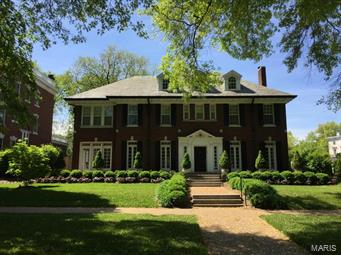 In 1915 Preston J. Bradshaw designed this center hall Georgian Revival jewel. Located on a premier double lot on a private gated street in the Central West End, this home features beautiful architectural details throughout. French doors in living room and dining room lead to front terrace. Living room with builtins and fireplace. The charming sunroom overlooking pool & yard can be accessed from second floor landing. Luxury chef's kitchen with granite countertops, stainless Viking stove & refrigeration, & Asko dishwasher. Breakfast room & butler's pantry, laundry room by kitchen. Master suite includes dressing & ample study/office areas & updated bathroom. Partially finished lower level with family room, game room, and fireplace.  The perfect size for easy management. Near beautiful Forest Park, galleries, fine dining restaurants, fun bistros, shopping, and the Barnes/Wash U. medical campus. 2 car detached garage, new driveway, some new mechanicals, excellent condition, wood floors.