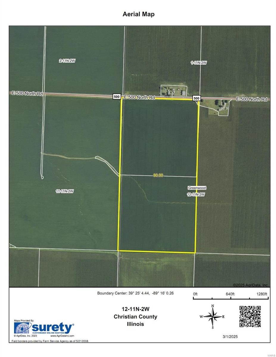 One Time Showing.  80 Acre All Tillable Tract W 1/2 of NW 1/4 Section 12 Greenwood Township Christian County.  Quality Land with a 134.2 PI.