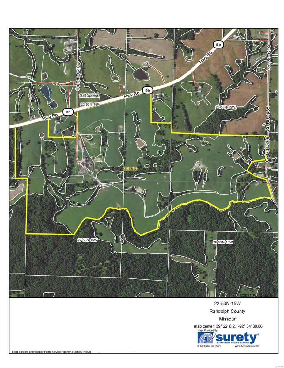 388 Acres Randolph - The farm is a mixture of open pasture and hay fields with the remainder being timber/brush. 276.76 acres are being put into row-crop in 2021 paying $140/tillable acre. Majority of the wooded acres are located along the southwest corner. Turner Creek runs through the southwest corner of property. There are several older buildings on the property located on BB Hwy Huntsville, MO $3250/acre. Subject to final survey.