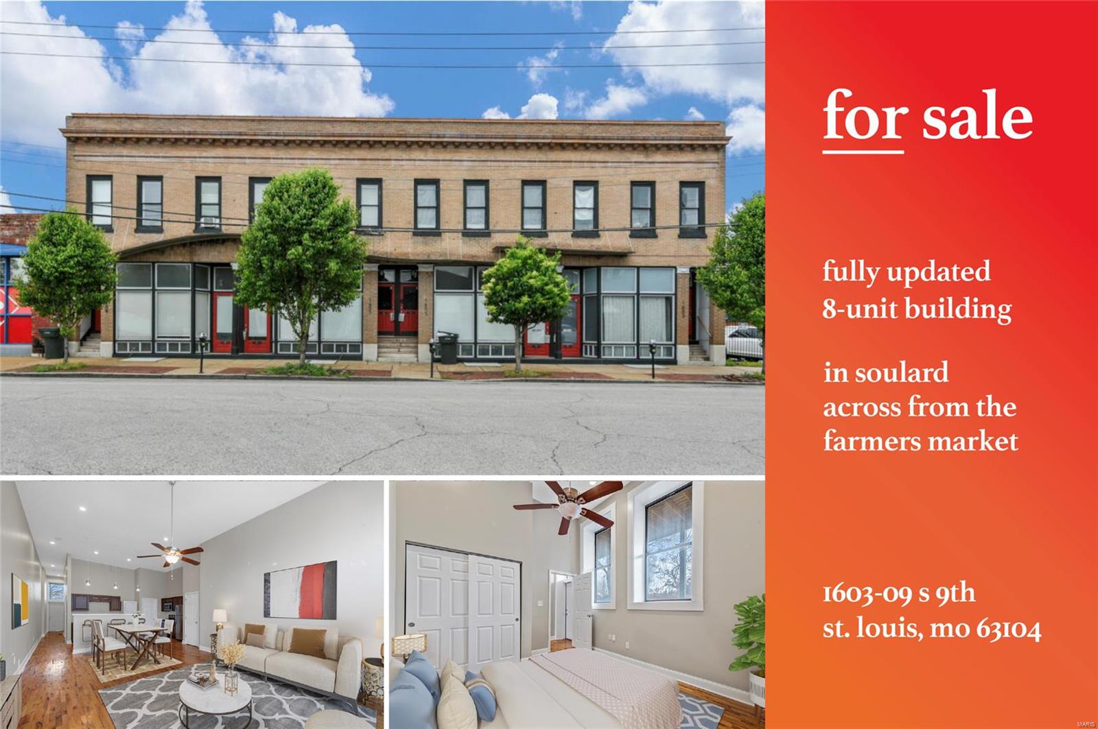 Fully updated investment opportunity in the heart of Soulard, directly across the street from the Soulard Farmers Market. The property consists of four, 1 bed/1 bath units and four 2 bed/1 bath units. The units have been completely updated throughout with high end finishes, new kitchens w/ stainless steel appliances, in-unit washer/dryer and central HVAC. Plumbing and electrical have also been updated/modernized. New TPO roof done in 2024. Current average rents for the 1/1 units are $1,133; and 2/1 units rents are averaging - $1,395. Market rents for 1/1 units are $1,295 & $1,550 for the 2/1 units.