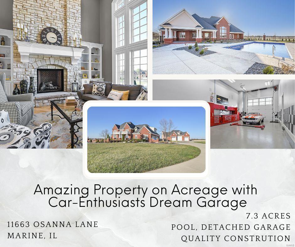 7.3-acre property located 25 minutes from St. Louis puts you conveniently close to city amenities. Top-of-the-line finishes throughout. Whole house generator, 3/4" hickory flooring, Amish cabinetry, & custom woodworking, Marvin windows, Swarovski Crystal chandeliers, geothermal HVAC, high-def media system, & solid-stone masonry. 2" x 6" construction w/ foam & blown-in insulation ensures home is well-insulated & energy-efficient. Functional floor plan w/ mudroom, laundry, & butler's pantry, all w/ built-in cabinetry for great storage. 2-story great room w/ solid-stone fireplace has views to saltwater pool w/ LED-lit water feature. Built-in fire pit with custom stone curved bench & electric ignition. Poolhouse and detached garage designed to architecturally blend w/ main home, adding to the overall aesthetic appeal. Heated & cooled detached dream garage features inground lift, paint booth, wash station, air compressor, & more. Ask your favorite agent for the extensive list of features.