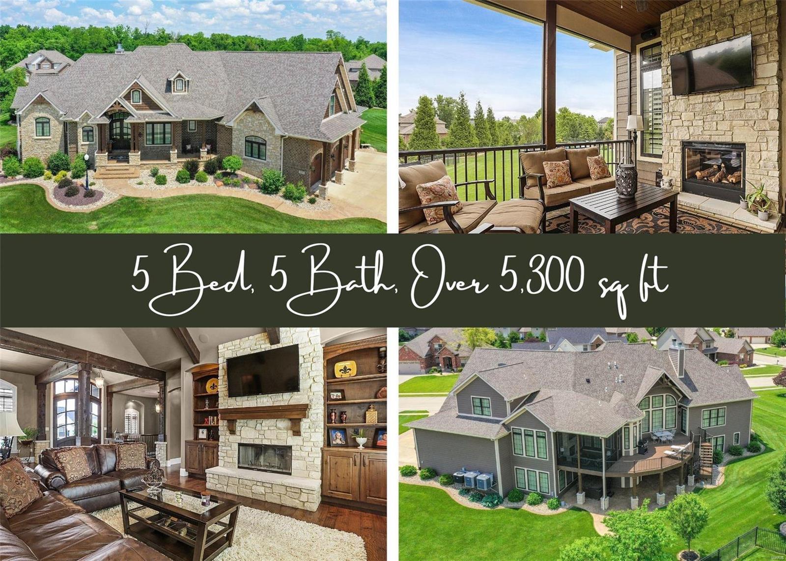 Spacious, one owner, custom built home has been constructed w/architectural detail & luxurious, extensive finishes from top to bottom.  Upon entering the 10’ arched double doors you are greeted with an abundance of natural light along w/open floor plan, hardwood floors, gorgeous cedar beams & floor to ceiling stone fireplace. Gourmet kitchen is complete with top of the line appliances, Medallion cabinets, large island & walk-in pantry. You will enjoy views from the breakfast nook, can cozy up next to the see through fireplace in the hearth room or relax & lounge in the screened-in porch. Spacious main floor master retreat has 2 walk-in closets, separate vanities, and tiled shower w/dual showerheads. Upper level consists of 2 large bedrooms with jack&jill bath. Walkout lower level w/bedrooms 4 & 5 (jack&jill bath), family room, rec room, an extensive bar, office & bonus room. Upper level deck & lower level patio are an entertainers paradise.  Please see the extensive list of amenities!