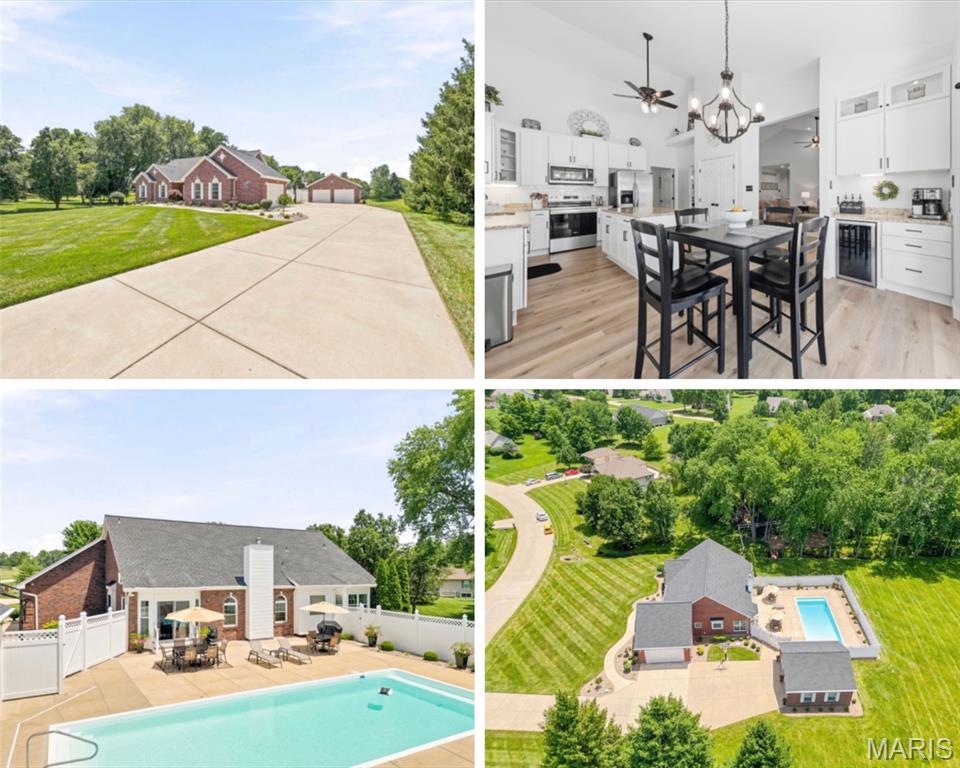 Get ready to be WOWED! Some homes just feel different the second you pull in the driveway, and this is one of them.
Nestled on just over 1.6 acres, this move in ready, 3 bed, 3 bath brick home with over 3,900 square feet of living space, offers you a park like setting, heated in-ground pool, detached garage, and is an entertainer's dream! Its obvious this home has been meticulously cared for and offers many updates including modern fixtures, newer wood cabinet doors (2025), newer LVP flooring throughout, newer hot water heater (2024), newer roof/gutters/downspouts (2024), and brand new windows (2026) with transferable lifetime warranty! The finished lower level includes a full bar, dedicated weight room, oversized guest sleeping area, game area, and full bathroom making it the perfect place to entertain. The backyard is the showstopper. The 20,000 gallon heated saltwater, private pool area is made for summer. Whether hosting friends and family or just floating the day away, this is the kind of backyard people dream about. Finding a home that is this clean, well maintained, sitting on over 1.6 acres with a private closed pool that offers all of these updates doesn't happen very often. Come see why this one feels like home the minute you pull in!