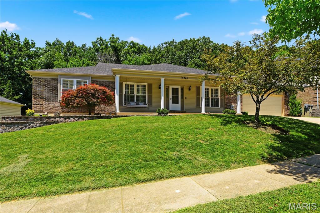 Fabulous 3 Bed, 2.5 Bath ranch-style home located on a picturesque lot in the heart of Chesterfield, boasts over 2,300 square feet of living space on the main level! Inviting Entry is flanked by formal Dining Room and a Living room/office space , both featuring fresh, neutral paint and stunning white shutters. Follow the Formal Entry through to the spacious vaulted Family Room, which features beautiful hardwood floors, skylights, a floor to ceiling brick gas fireplace, bar area and a French door to the rear patio and your serene back yard setting. The eat-in Kitchen offers hardwood cabinetry, low-maintenance countertops ,neutral tile flooring and of course; more views of the picturesque scenery through the large windows. A Main Floor Laundry Room and Powder Room complete the living space. Tucked away at the rear of the home, is the Primary Suite with a spacious sleeping area, a large walk-in closet and an updated en-suite Bath with separate tub & shower and stunning tilework. There are Two additional Bedrooms both with oversized closets and lastly an updated full Hall Bath. This home is Move in Ready , Impeccably Maintained and Convenient to area shops and restaurants; Award-Winning Parkway schools! Prepare to fall in love!