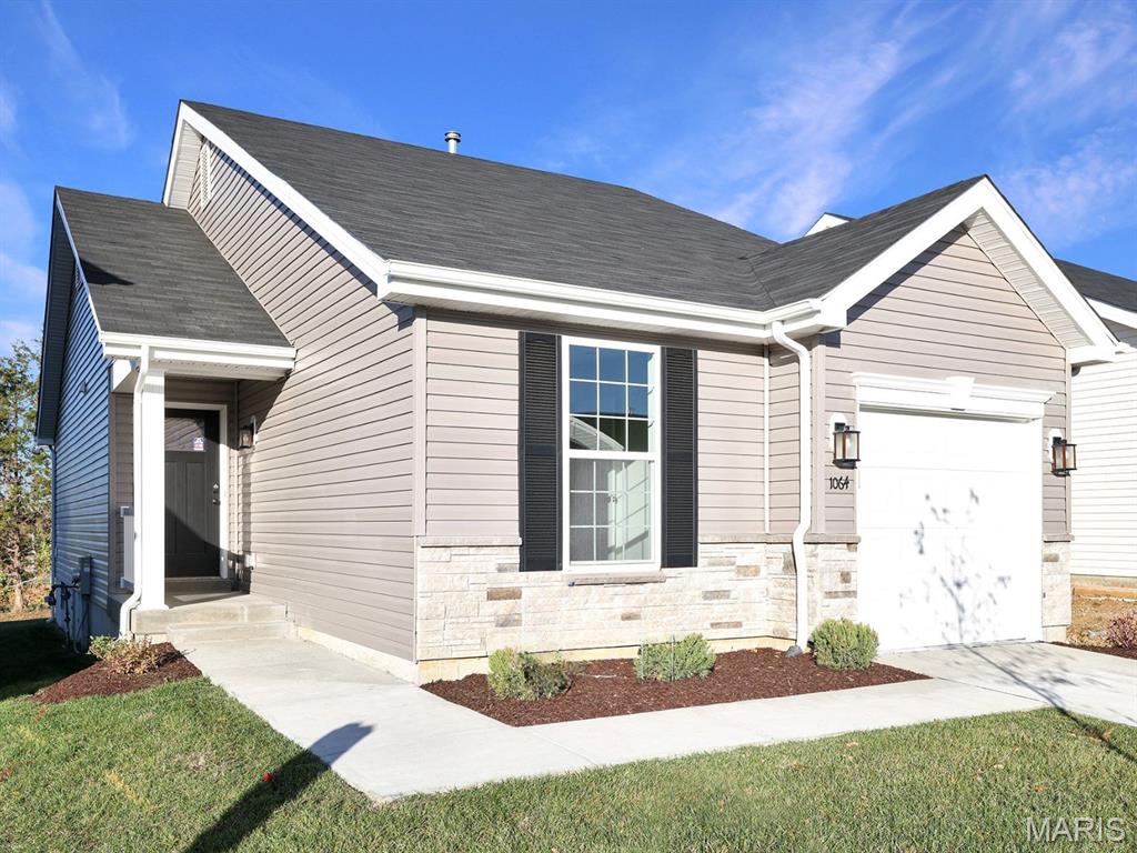 McBride Homes Summerfield Ranch 2BR, 1BA home is move in READY NOW! This cozy cottage is perfect for entertaining w/vaulted ceilings, 6ft windows, & beautiful wood laminate flooring in the main living areas. The kitchen features level 4 painted white 42” tall cabinets, quartz countertops, large peninsula w/ breakfast bar, & stainless-steel GE appliances. Spacious living room w/ceiling fan & sliding glass door to the backyard. The master suite features large window, ceiling fan & dual closets w/ private bath featuring a 5ft walk-in shower & double bowl vanity. White two panel interior doors, upgraded lighting w/ceiling fan prewire in 2nd bedroom, main floor laundry, & 1 car garage. Lower level includes a ¾ bath rough-in for future finish. St Andrews Meadows offers two separate villages of single-family homes backing to Veterans Memorial Park. Enjoy peace of mind with McBride Homes' 10-yr builders’ warranty & incredible customer service! Similar photos shown.