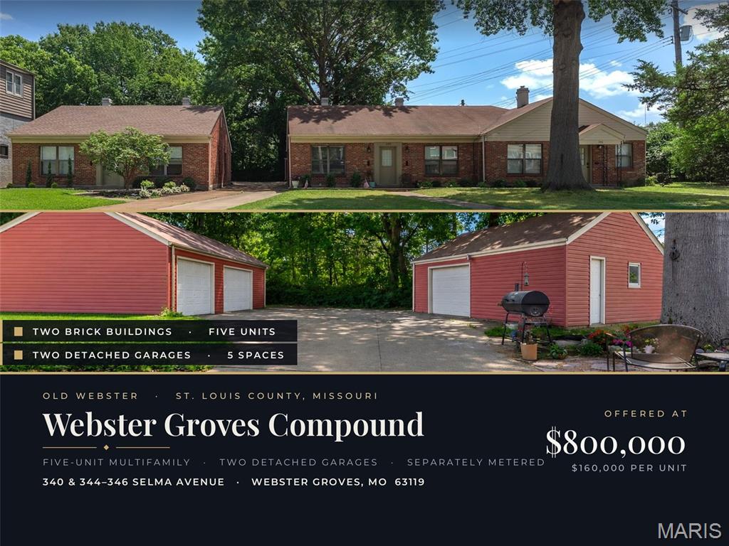 Rare opportunity in the heart of WEBSTER GROVES — a turnkey, income-producing FIVE-UNIT brick multifamily compound just steps from the shops, restaurants and charm of OLD WEBSTER. Two solid, well-built mid-century brick buildings deliver a smart mix of four one-bedroom homes and one spacious two-bedroom, and the property lives large with FIVE PRIVATE GARAGE SPACES across two detached garages, private yards and patios, and generous off-street parking — a genuinely rare find in this walkable neighborhood.
This is a true VALUE-ADD play with income already in place. TWO units — the spacious two-bedroom and one of the one-bedrooms — are already beautifully renovated to the same high standard, featuring quartz countertops, stainless appliances, in-unit washer and dryer, tiled baths and wide-plank flooring. At market, the renovated two-bedroom commands roughly $1,695 and the renovated one-bedroom about $1,395. The remaining THREE one-bedrooms are leased month-to-month at just $995 each, leaving clear and immediate upside to simply raise rents or renovate to the same proven finishes for an estimated $1,395 per unit. Best of all, every unit is SEPARATELY METERED — electric, gas, water, sewer and trash bill directly to tenants — so essentially only taxes and insurance fall to ownership, driving a strong stabilized return.
Location is everything, and this one delivers: top-rated WEBSTER GROVES schools, an 80-plus walk score, and roughly nine miles to downtown St. Louis. 
See the MLS SUPPLEMENTS for the full Offering Memorandum with additional detail, or ask the listing agent. SHOWINGS ARE EXPECTED TO START 7/16. A property like this in a location like this does not last — schedule your showingbefore it is GONE FOREVER!