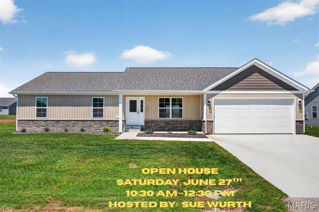 ATTRACTIVE NEW CONSTRUCTION W/BEAUTIFUL OPEN FLOOR PLAN W/VAULTED CEILING IN THE KITCHEN, DINING RM & LIVING ROOM. KITCHEN FEATURES WHITE CABINETS, GRANITE COUNTERTOPS, BACKSPLASH, UNDER CABINET LIGHTING, BREAKFAST BAR, PANTRY, SS DISHWASHER, MICROWAVE, ELECTRIC STOVE, GARBAGE DISPOSAL INCLUDED. DINING RM HAS SLIDING DOOR TO PATIO. MAIN FLOOR LAUNDRY ROOM. PRIMARY BEDROOM FEATURES WALK-IN CLOSET. PRIMARY BATH HAS SHOWER, LINEN CLOSET. UNFINISHED BASEMENT W/ONE EGRESS WINDOW & ROUGH IN FOR FUTURE BATH. OVERSIZED 2 CAR ATTACHED GARAGE.