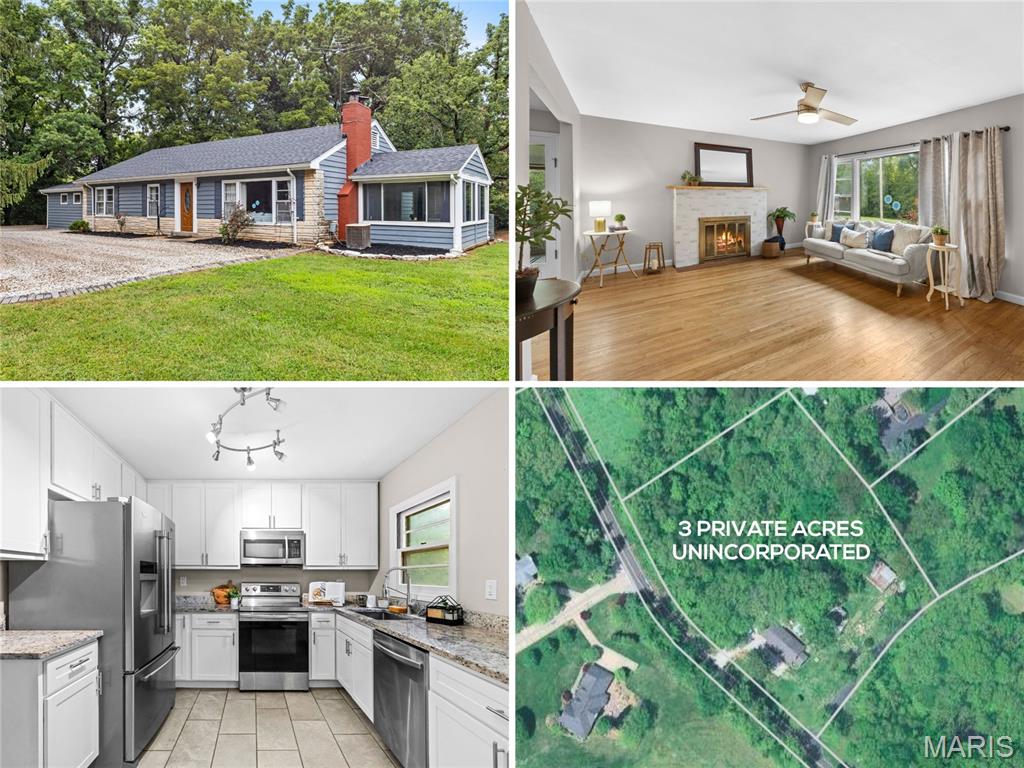 RENOVATED ranch with sunroom and FINISHED LOWER LEVEL, situated on PEACEFUL 3 ACRES, wooded corner lot with nature at your doorstep. Charming curb appeal with wood siding, stone detail, side-entry 2-CAR GARAGE and upgraded entry door. Bright living room with triple window and cozy woodburning FIREPLACE with brick hearth. Timeless HARDWOOD FLOORS span most of home. Large formal dining room - ideal for gatherings. LUXURY KITCHEN with 42" white shaker cabinets, GRANITE COUNTERS, stainless appliances, smooth-top stove and ceramic tile floors. Multi-purpose 4-SEASON SUNROOM with tile floor and beadboard ceiling with fan. 3 spacious bedrooms share UPDATED HALL BATH with custom tile, granite vanity and tub/shower combo. Downstairs flexible rec room with easy-clean epoxy floor, recessed lights, 2nd bath with tiled RAINFALL SHOWER. While this location feels secluded and is walking distance to the Missouri riverfront, most daily errands are conveniently within 4 miles. Close to Highways 67/367, just 5 minutes to 100-acre Sioux Passage Park.