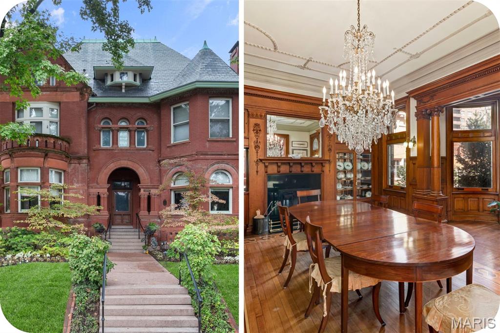 Stunning 7 bed/3.5 bath Romanesque Revival mansion designed by Ernst Janssen. 1st time avail in 80 years and featuring a newly completed roof restoration ($400k+!) Nestled on a premiere lot in Compton Heights, this stately residence offers a perfect blend of historic grandeur & modern comfort.
Step inside...main foyer, large living room, music room & dining room, gorgeous wood flooring, trim & detailed plasterwork throughout. Dining is extra w crystal chandelier & cabinets of glass & golden oak. The modern chef’s kitchen, complete w an eat-in bay area, overlooks the well landscaped gardens & pool. The grand staircase, guarded by intricately carved oak lions, leads to generous sized bedrooms & jaw-dropping bathrooms, incl a marble sunken shower. Additional features include a cantilevered porte-cochere w electric gate, butlers pantry & plenty of closets. Lovingly maintained & thoughtfully updated (3 zone AC & 6 working fireplaces). Don’t miss your chance to own this timeless gem in one of the most desirable neighborhoods.