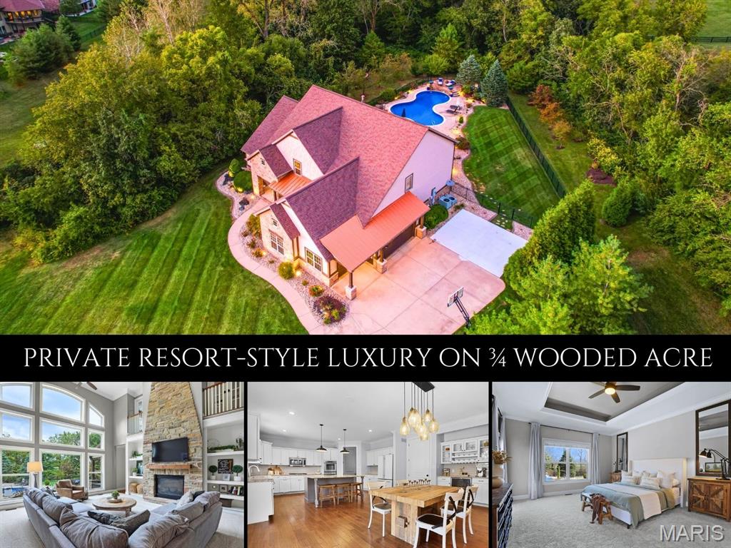 Welcome to an extraordinary residence where architectural elegance meets refined luxury. Striking stone & rich wood accents, soaring ceilings & 8’ interior doors throughout create an impressive sense of scale & sophistication. Set on a picturesque 3/4-acre wooded lot, the backyard is a private resort featuring a spectacular saltwater pool w/ sun shelf & cascading waterfall, surrounded by mature trees & lush landscaping for ultimate privacy. Inside, the dramatic great room captivates w/ an arched wall of windows, open staircase & stunning see-through stone fireplace that creates warmth & grandeur. Just off the foyer, French doors open to a private office, thoughtfully designed w/ reclaimed wood doors that conceal shelving & supplies while adding distinctive character. The chef’s kitchen impresses w/ premium appliances, granite counters, an expansive island, beverage bar, butler’s pantry & a dining area perfectly positioned beside the fireplace. A well-appointed mudroom w/ custom built-in storage keeps daily life organized, while the laundry room features a convenient chute from the upper-level. The luxurious main-level owner’s suite offers dual walk-in closets & a spa-inspired bath w/ a custom onyx shower, whirlpool tub & separate vanities. Upstairs, 3 bedrooms each feature private ensuites & a bonus room w/ Juliet balconies. The light-filled lower level is ideal for entertaining w/ a family room, kitchenette, gym, 5th bedroom & full bath. Luxury, comfort & timeless design.