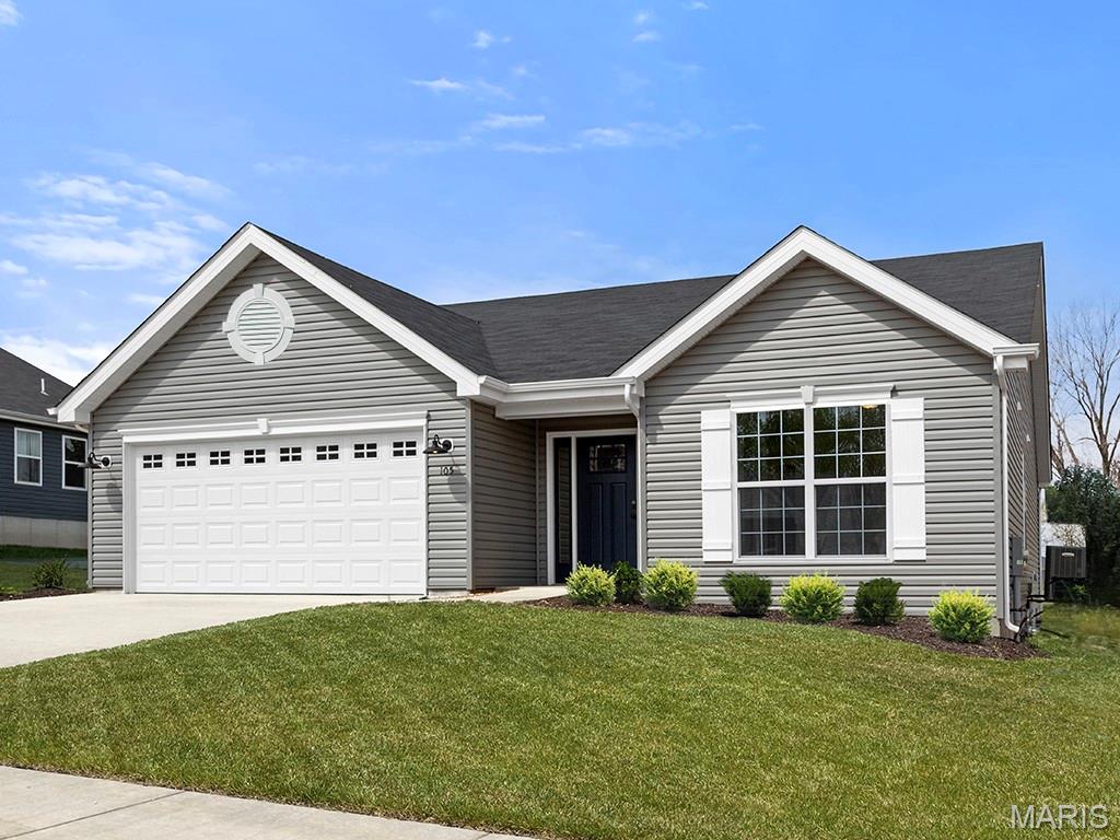 McBride Homes’ Aspen II 3BR, 2BA ranch-style home ready this spring! Enjoy an open floorplan with vaulted ceilings, 6ft windows, & beautiful wood laminate flooring in main living areas. The kitchen has a large island with a breakfast bar, level 3 Brellin White 42” cabinets, quartz countertops, stainless steel GE appliances, & large walk-in pantry. The dining area has a sliding glass door that leads to a future covered patio area with a ceiling fan prewire. The primary suite has a large window, dual closets, & private primary bath w/double sinks & walk-in shower. Other extras include main floor laundry, ¾ bath rough in at LL, upgraded lighting/plumbing fixtures, six panel white interior doors, ceiling fan prewires, plus garage coach lights. This community features 105 total homesites with several cul-de-sac homesites and sits adjacent to Koch Park. Enjoy peace of mind with McBride Homes’ 10 year builders warranty & incredible customer service! Similar photos shown.