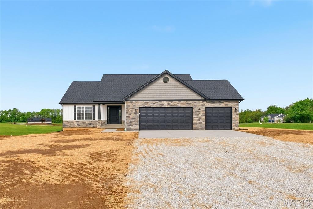 To Be Built- Clearwater A- Lot 1 of Timberline Estates- Sitting on a quiet 3 Acres! The Clearwater is a split bedroom floor plan ranch featuring 3 Bedrooms and 2 Bathrooms. Sales Price is final price! Your family will love this beautiful open floor plan. Step inside the foyer overlooking the great room with a vaulted ceiling. The great room leads into the kitchen with 42in White shaker cabinets with Quartz counter tops, double deep kitchen sink with window overlooking the back yard, stainless steel appliances, recessed lighting and step-in pantry. The attached dining room features glass sliding doors leading to a 12x12 patio. The Main floor laundry room is oversized with ample space for an additional sink, freezer or more cabinets. The luxury master suite includes walk in closet and private master bath. Other interior upgrades include 2 panel doors, tilt-in windows, black finish hardware, black finish light fixtures and black finish plumbing fixtures. Downstairs you will an open canvas ready for your finishing touches. The Full Basement includes Egress, Sump-pump and pit and bathroom stubbed ready for finishing. The Craftsman style exterior includes architectural shingles, vertical siding with shake, sill high stone, Craftsman stone column.  Exterior colors to be white board and baton front with white shake siding in the gable & black accents. 3 car garage with black garage doors. The attached Garage is extra deep at 24ft Deep and extra wide to fit those extra big vehicles. 10 Year Limited RWC warranty included. Schedule your showing today! Buyer still has time to change interior and exterior finish colors! Use Address 461 Cannonball Rd. Eolia, MO to locate this development on Google Maps- Take White Ln. off Highway 61.