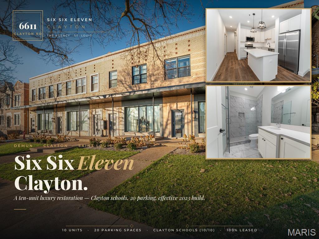 Welcome to SIX SIX ELEVEN CLAYTON, a rare 10-UNIT LUXURY apartment building in the heart of DEMUN — one of the most desirable and enduring neighborhoods in all of St. Louis. Originally built in 1950 and known to generations of locals as the home of the original Katie's Pizza, this 1950 brick landmark was taken down to the studs and rebuilt over a two-year, top-to-bottom restoration. The result is essentially NEW CONSTRUCTION inside a timeless brick shell, with an EFFECTIVE YEAR BUILT OF 2023 per the county assessor.
This is not a cosmetic flip. The building was FULLY SPRINKLERED, FULLY REWIRED, AND FULLY REPLUMBED, with a new roof, new windows, new HVAC, new framing, and new insulation throughout. Concrete floors and demising walls between every unit deliver the quiet, solid feel of brand-new construction — no deferred maintenance and none of the surprises that come with an older building.
Inside, every apartment is finished to a true luxury standard: CUSTOM WHITE SHAKER CABINETRY, QUARTZ COUNTERTOPS, full STAINLESS STEEL APPLIANCE PACKAGES, marble-look porcelain baths, frameless glass showers, and WIDE-PLANK ENGINEERED HARDWOOD floors. Every unit includes an IN-UNIT WASHER AND DRYER, and the common corridors feature herringbone hardwood, raised-panel wainscoting, and Ralph Lauren lighting.
The location is what makes this truly irreplaceable. The property feeds into the top-rated CLAYTON SCHOOL DISTRICT (rated 10/10) — the single most powerful long-term driver of rental demand in the area, and something almost no other building of this size in DeMun can offer. With a WALK SCORE OF 95, residents are minutes from Forest Park, Washington University, BJC HealthCare, and the celebrated DeMun dining scene, in a submarket with a SUSTAINED VACANCY RATE UNDER 3 PERCENT.
For investors, the numbers are just as compelling. The building is 100% LEASED on a clean rent roll, with a diversified base of medical, university, and professional tenants and renewals staggered into 2027 — meaning day-one cash flow with no leasing lift required. The offering also includes 20 PARKING SPACES (15 secured garage plus 5 surface), an extraordinary amenity in DeMun, where on-street parking is the single biggest constraint on rents.
New construction without the new-construction risk, in the best school district in the region, fully leased on day one — opportunities like SIX SIX ELEVEN CLAYTON simply do not come along in DeMun. Proof of funds, bank letter or a snapshot of current portfolio is required to tour as building is fully occupied. CALL LISTING AGENT, DO NOT DISTURB TENANTS, also ask the listing agent for the OM with much more info.