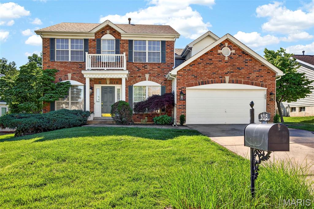 Sellers timeline is now ready for the move - Fantastic Price to get into this OUTSTANDING Neighborhood!  Enjoy sitting on the bench or s short stroll around the small lake and very friendly feeling subdivision.  Close to shopping dining and easy hwy access to 364 , 94 or hwy 40. Culdesac lot, fenced yard and pergola for enjoying a cup of coffee or lunch or dinner.  This stately brick elevation two story home offers a great floorplan and 4 well sized bedrooms.  As you walk in you will notice the tall ceilings, neutral decor, open floor plan, office/living room and a large 20 x 19 great room.  The kitchen offers a center island, corner sink, tall cabinets, solid surface range (apx 8 months old), built in microwave (apx 1 year old), built in dishwasher (apx 2 years old) plus gorgeous granite countertops.  The light and bright breakfast room offers a slider to step out and enjoy the fenced back yard.  A pergola on the nice sized patio offers style and some shade to sit back and enjoy the beautiful weather.  Formal dining room with coffered ceiling and wainscotting.  The 20 x 19 vaulted great room features a cozy gas start fireplace, built in bookcases, large bay window and blinds.  1/2 bath on main level and large laundry / mud room with cabinets.  Rear stairs offer upscale appeal.  9 foot ceilings on the main level, six panel doors, gleaming hardwood flooring.  The upper level offers the primary suite with dual door entry, large walk in closet, ceiling fan, luxury bath with separate tub and shower, plus a linen closet. Bedroom 2 with well sized walk in closet.  Bedroom 3 & 4 offer good window placement for furniture.  Common bath with tub/shower.  The garage offers extra storage space and opener.  Full lower level ready to finish for even more living space, rough in bath for easy installation of a bathroom. Hot water heater updated 6/2023, HVAC updated 10/2017.  Sellers update list:  Toilets, wood around windows & porch, poured additional patio space, added pergola, landscaping, added a sidewalk to rear yard, added enclosed fascia, updated garage door, added gas fireplace logs, added granite counter top, updated appliances, updated paint in some area - neutral color.  Updated sump pump.