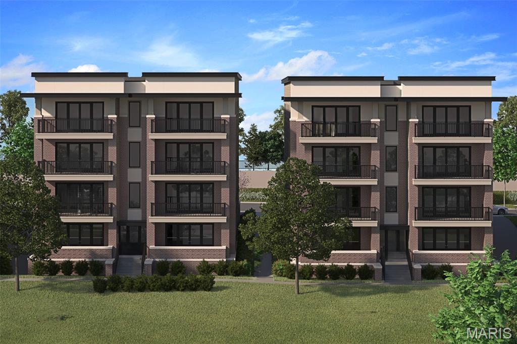 New Town & Country upscale condominium floorplan by McBride Homes featuring 3BR, 2.5BA will be ready winter 2027 at Hwy 141 and 40 with 1800 sq ft of living space! 2nd?floor unit with black sliding glass doors and ceiling fans in the living room and primary bedroom, plus transom windows in the primary. Open concept living with expansive ceilings & wood laminate flooring throughout main living.?Luxury kitchen with level 5 Durham white cabinets, quartz counters & backsplash, 30” induction cooktop with hood, wall oven/convection microwave & island w/breakfast bar. Spacious living area with a linear fireplace. Primary bedroom walk-in closet, ceiling fan, private bath w/dual vanities, walk-in shower w/seat. Additional bedrooms with walk-in closets & Jack and Jill bath. Extras include laundry rm, powder room, storage closets, and satin nickel fixtures. Each building is elevator-accessible w/secured lobbies, underground parking, & only two residences per floor.?Renderings shown.
