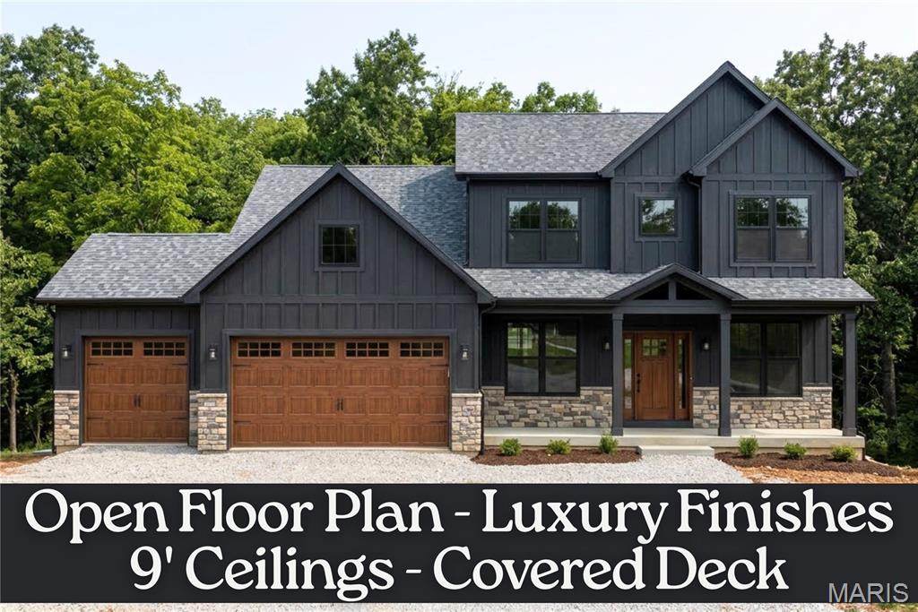 Gorgeous, brand-new two-story home backing to three acres of serene wooded common ground. The striking exterior showcases LP SmartSide siding, stone accents, cedar beams, and a professionally designed landscape package that creates an unforgettable first impression. 
Inside, the grand foyer is flanked by a formal dining room and a private den, setting the tone 
for the home’s refined openness. The beautiful great room features a stylish fireplace and 
seamlessly connects to the breakfast room and chef’s kitchen. The kitchen is a true 
standout with designer-level cabinetry, a center island, solid-surface countertops, a large 
pantry, and high-end stainless steel appliances—including an upgraded gas range. A 
convenient main-floor laundry sits just off the kitchen. Upstairs, the spacious primary suite offers a walk-in closet and a luxurious private bath. Three additional well-sized bedrooms complete the upper level: bedrooms two and three share a second full bath, while the fourth bedroom enjoys its own private en-suite. The walkout lower level includes a rough-in for future expansion, giving you endless possibilities. Additional features include an irrigation system, custom closet organizers, a low-maintenance deck, and exterior lighting that enhances both beauty and security. This is a rare opportunity to own a new home in the highly sought-after Flint Hill location—a perfect blend of luxury, comfort, and natural surroundings.