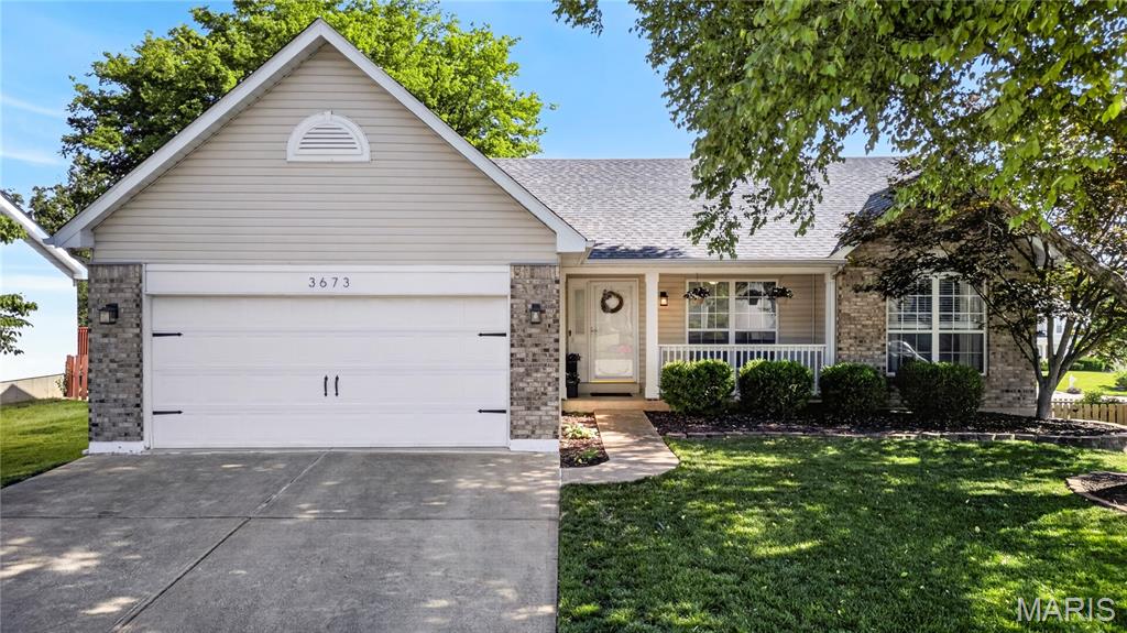 Welcome home to this beautifully maintained open-floor ranch in sought-after Eagles Ridge! This move-in ready home offers 3 bedrooms, 2 full baths, and an abundance of natural light throughout. A freshly painted front porch creates inviting curb appeal, welcoming you into the bright and open interior. The vaulted family room features a cozy gas fireplace with decorative hearth and mantle and opens to the deck overlooking the fenced backyard. The kitchen boasts ample cabinetry, a pantry, an eat-in breakfast area with bay window, and charming plantation shutters. The spacious primary suite features a vaulted ceiling, large walk-in closet, and luxury bath with double vanity, soaking tub,and separate shower. Two additional generously sized bedrooms share a full hall bath.

The unfinished walk-out lower level offers endless possibilities with a deep pour, rough-in for a full bath  and plenty of space to create your dream rec room, home office, or guest suite. Step outside to enjoy the newer concrete patio and spacious backyard—perfect for entertaining or relaxing. NEW ROOF in 2024. Thoughtfully updated and impeccably maintained, this Eagles Ridge gem offers comfort, style, and room to grow—all in a desirable location!  Seller to credit buyer $3K towards a carpet allowance.