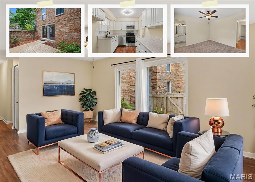 Welcome home to this beautifully updated main level condo in the heart of Kirkwood! This 2 bedroom, 1.5 bath home offers the ease and convenience of single level living, complete with a private entrance and a beautiful, large patio perfect for morning coffee or relaxing evenings outdoors. This home has been thoughtfully refreshed from top to bottom, featuring new flooring throughout, new carpet in the bedrooms, and fresh neutral paint that creates a bright, move-in ready feel. The kitchen shines with new stainless-steel appliances and new cabinet hardware, while new faucets in the bathrooms and new modern light fixtures add a polished, updated touch throughout. New faux wood blinds complete the look, offering both style and privacy. Additional peace of mind comes with a new AC unit (2024), a new hot water heater (2026), and freshly painted exterior at the rear entrance. Ideally located in one of Kirkwood's most sought-after areas, this home offers the perfect blend of comfort, convenience, and low-maintenance living. Laundry hook-up in lower level & private storage area. Walking distance from Kirkwood Park, don't miss this opportunity!