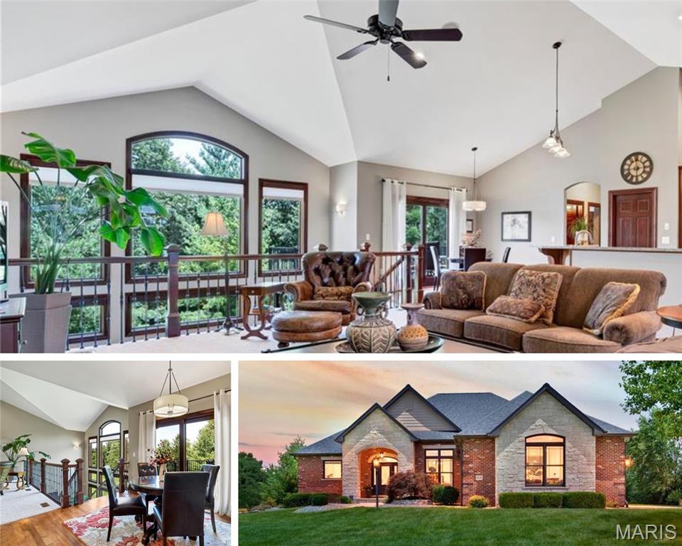 Welcome to Stone Cliff Manor. Perfectly positioned on a beautiful ½ acre lot, this exceptional walk out ranch is a showcase. Offering 4 spacious bedrooms, 5 bathrooms & breathtaking views, you’ll want to see this one! Impressive curb appeal & meticulously landscaped grounds set the stage for what awaits. You'll appreciate the rich solid wood flooring, solid wood doors & trim, elegant arched doorways & an abundance of windows, flooding the home w/natural light while framing the scenic wooded & water views. Inspired by everyday living w/effortless hosting, the open floor plan offers an incredible sense of space & functionality. An expansive living room features soaring ceilings & is perfectly complemented by a  dining room, breakfast nook & convenient guest powder room. Two stunning stone gas fireplaces serve as statement pieces, adding warmth & character to the welcoming living areas on both levels, while dual-zoned HVAC ensures year-round comfort & efficiency. At the heart of the home is the gourmet kitchen, thoughtfully designed for the culinary enthusiast, making everyday & special occasion gatherings effortless. Featuring custom cabinetry, ample prep space, a walk in pantry, high-end finishes & a functional layout that seamlessly connects to the surrounding living & dining areas. Atrium windows ensure the stunning setting remains a focal point while preparing or enjoying a meal. The main level also features a private bedroom wing w/two generously sized bedrooms & shared bathroom. One bedroom, currently utilized as a home office, offers flexibility for today's lifestyle needs. Both rooms preserve privacy, without sacrifice. The luxurious primary suite is a true sanctuary, complete w/a spa-like bathroom for relaxation, two custom-designed closets & awe-inspiring surroundings. Enjoy the calming backdrop that makes this retreat feel worlds away from everyday life. A second primary ensuite on the lower level provides ideal accommodations for guests or multigenerational living. An expansive walk-in closet paired w/exquisite views creates the retreat found on every dream-home wish list. The lower level's cozy fireplace, wet bar w/hickory cabinetry & stone, atrium windows & oversized patio doors continue to frame the exceptional lake setting, allowing the same incredible picturesque scenery to be enjoyed. Storage is plentiful! Oversized closets are seamlessly integrated throughout. Every detail of this residence has been carefully curated & impeccably cared for, highlighting superior workmanship & pride of ownership. Outdoor living is equally impressive. The new Trex composite deck, enhanced w/a RainTight under-decking system & stairs to the lower patio, provides the perfect setting to savor quiet mornings or unwind in the evenings as wildlife graze the water's edge. The tranquil setting creates an atmosphere that is simply unmatched. This home is brimming w/upgrades & improvements: an irrigation system, a whole-house managed security system, wired ethernet & coax connections to all rooms, a central vacuum system, a negotiable whole-house sediment & carbon water filtration system, an active radon mitigation system, a 50-gallon water heater & replacement roof shingles completed in 2024. Additional features include two furnaces & two central air conditioning units, along w/a whole-house humidifier. Two 200-amp panels provide adequate space for your future enhancements. Other highlights include a spacious 3-car side-entry garage, a separate garden garage & an incredible workshop space ideal for hobbies, projects, or personal customization. Highly desirable Edwardsville School District & minutes from interstates, shopping, dining & convenience, Stone Cliff Manor offers the perfect balance of privacy & accessibility. Exceptional quality construction, refined finishes, generous living space, extensive updates & unforgettable views, this remarkable property offers more than just a home, it offers a lifestyle you'll never want to lea