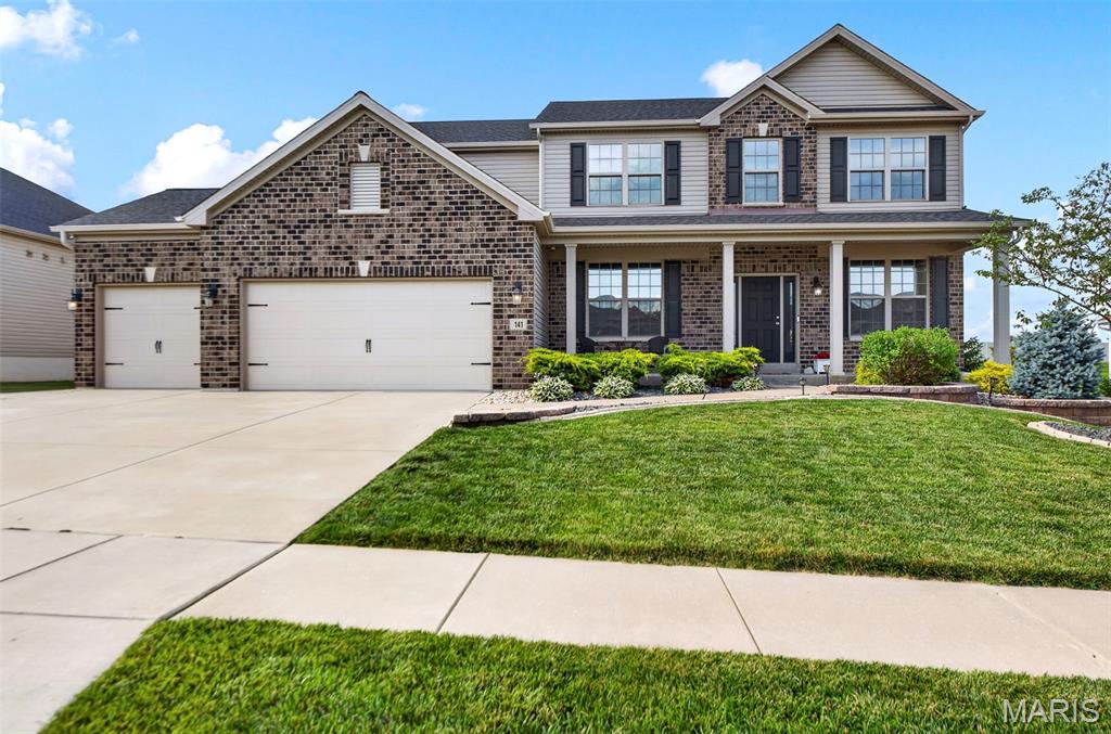 Every day is a vacation when you live here! This gorgeous 2 story brick front home in the Stonemoor subdivision offers a refined living experience, meticulously designed for both entertaining and tranquil relaxation. This Lombardo Sunset model comes complete with 5 bedrooms, 3.5 bathrooms, 9'ceilings (mf), separate formal dining room, office/study, great room, partially finished basement, mud room, walk-in closets, reflective tint on all windows and so much more! The kitchen features a center island with granite countertops, cabinets with crown molding, pendant lights, a walk-in pantry and it integrates seamlessly with the hearth room and 18' great room, ideal for social gatherings and daily life. The luxury primary suite includes split vanities, a soaking tub, a walk-in shower, and 2 walk-in closets (one with a built-in safe). Enjoy the backyard amenities which offer a private fenced-in yard, an expansive patio, a heated inground saltwater pool with deck jets & lights, hooks to hang your beach towels, a hammock lounge area, a covered grill station, a covered bar area with outdoor tv, a koi pond and a small putting green! The partially finished basement has a 5th bedroom, full bathroom, living room, a fitness/rec area w/fridge, and a storm room w/cctv Hik camera system. The welcoming porch provides an additional space for relaxation. Additional amenities include upper-level laundry room for convenience, a 3-car garage, newer roof (2024), zoned heating & cooling w/damper system (2 thermostats), an alarm system and subdivision amenities including 2 pools, a basketball court and playground. Don't wait! Make your appt now!