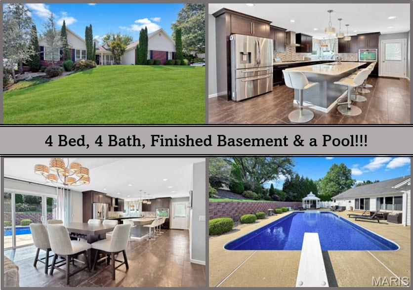 Looking to live in a golf cart community in Cottleville?  Welcome to a home designed for everyday comfort, memorable gatherings and your own private backyard escape!  This beautifully updated ranch offers more than 4,000 square feet of finished living space with 4+ bedrooms and 3.5 baths, all centered around an impressive open-concept main level. The kitchen is made for entertaining with a 9-foot island, two sinks, granite and quartz countertops, and a seamless connection to the spacious dining and living areas. Vaulted ceilings, a gas fireplace and abundant natural light add to the inviting atmosphere.

The primary suite offers a relaxing retreat with a custom walk-in closet, direct backyard access and a luxurious bath featuring a frameless glass double shower with body jets. A versatile sun-filled bonus room provides additional space for an office, reading room or quiet retreat.

The finished lower level expands the possibilities with another spacious bedroom suite, custom shower, large walk-in closet, additional sleeping or office space, wet bar with wine refrigerator, recreation space and a dedicated workout area.

Outside, your own private oasis awaits. The in-ground pool with diving board with Sonos system and Televison creates the perfect setting for summer entertaining, relaxing weekends and evenings at home. Recent pool improvements include a new liner and pump in 2026, heater in 2025, and sand filter and diving board in 2024. Professional landscaping, irrigation and exterior lighting complete the setting. Oversized 3 car garage with epoxy floors.
