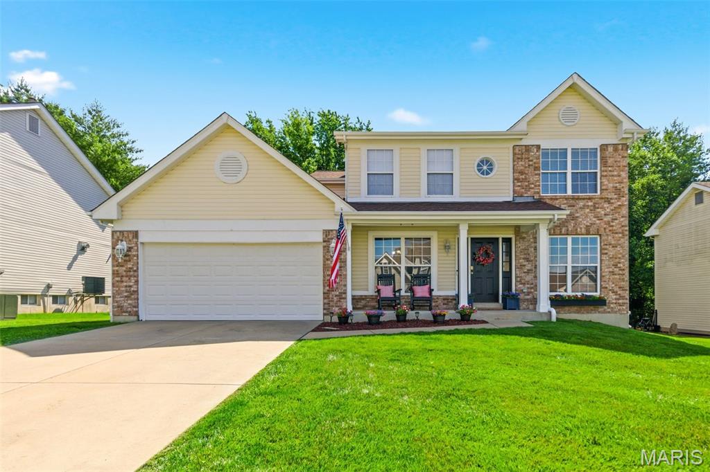 This spacious 2-story home offers 4 bedrooms, 2.5 baths, and over 2,200 square feet of comfortable living space in one of O'Fallon's most desirable golf course communities. The main level features updated flooring, a large family room with wood-burning fireplace, formal dining room, and a versatile living room that can serve as a home office, playroom, or additional gathering space. The kitchen opens to the breakfast area and family room, creating an ideal layout for everyday living and entertaining. Upstairs you'll find four generously sized bedrooms, including a spacious primary suite with walk-in closet and private bath. Enjoy the fully fenced backyard, mature landscaping, and unfinished basement ready for storage, hobbies, a home gym, or future finishing complete with rough in bath. Recent HVAC updates provide additional peace of mind. Conveniently located near shopping, dining, parks, schools, and all that WingHaven has to offer.