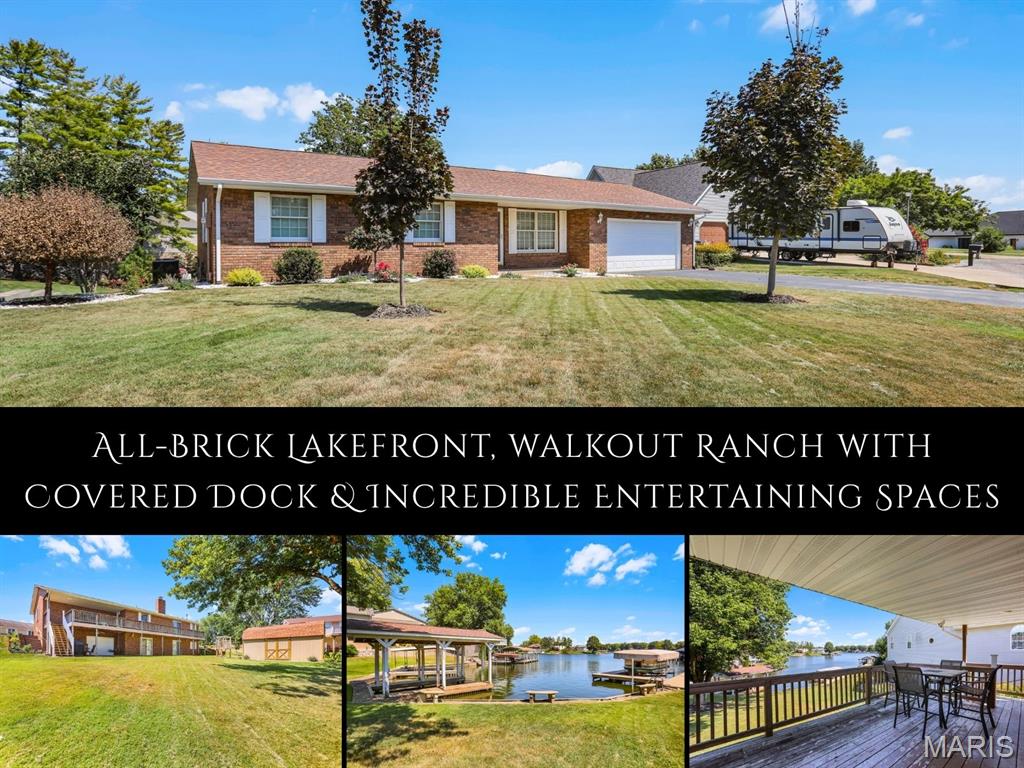 Lakefront living takes center stage at this all-brick walkout ranch w/ lake views, tucked on a quiet cul-de-sac. Flowering crepe myrtles & gorgeous landscaping frame the home, while the marina, market, restaurants, live music & an ice cream shop are just a stroll away. Inside, natural light warms the cozy living room, opening to the kitchen/dining area w/ stainless appliances & access to a covered deck spanning the length of the home. Ready for a fresh perspective, the interior offers an inviting opportunity to introduce your own style over time. Down the hall are a full bath, 2 BRs & an owner's suite w/ lake views, deck access & private 3/4 bath. The wide-open walkout lower level is made for entertaining, w/ a brick fireplace flanked by sliding doors that fill the space w/ light, frame the water & open to the backyard. A 3/4 bath, laundry room & plumbing for a wet bar add function. Beyond, a one-of-a-kind rustic party room pairs corrugated metal, wood-paneled walls & rustic lighting w/ a garage door that opens to the covered patio for seamless indoor-outdoor living. A sliding barn door reveals add’l flex space. Outside, enjoy a large shade tree, newer lofted shed for lawn tools/water toys & covered boat dock for effortless lake days. Holiday Shores offers boating, skiing, swimming, beaches, a clubhouse, pickleball, tennis, sand volleyball, dining & a lively social calendar—all a short drive from downtown Edwardsville. Home sold as is. Seller to make no repairs.