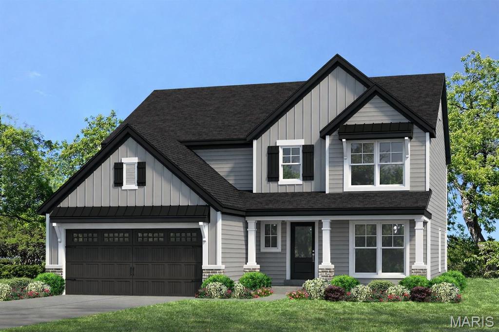 New construction by Fischer and Frichtel in the exciting and new, Villages at Post Farms neighborhood! Located off Highway N, this master-planned neighborhood features walking trails, lakes, pickleball courts, a playground and designated covered mail pickup. This incredible home simplifies the buying process and checks all the boxes for todays buyers in their search for a new home.  The curb appeal is impressive with a Craftsman exterior, board and batten siding, brick, architectural shingles, metal accent roofing, carriage style garage door, coach lights, full sod, landscape and lawn irrigation. Features include 3 bedrooms, 2.5 baths, 2,468 sq ft, 9 ft ceilings on the main floor, luxury vinyl plank flooring throughout the main level, Flex Room/Dining Room, side staircase design, metal stair spindles, main floor laundry, 2 panel doors, 5.25 inch baseboards, 42 inch Shaker style White cabinets, contrast island with seating bar, pendant lights, recessed lights, soft close doors and drawers, dovetail drawer construction, quartz countertops, composite sink, tile backsplash, under cabinet lighting, walk in pantry, stainless steel appliances, gas range, chimney style hood, microwave, refrigerator, dishwasher, double door entry to the Primary Suite, walk in closet, cultured marble shower with bench seat, free standing soaking tub, raised height dual vanities, luxury vinyl tile in the Primary bathroom, large secondary bedrooms, spacious Loft, zoned damper HVAC system, 50 gal water heater, Low E windows, rough in bath, insulated garage door, garage door opener and an 18x12 covered patio. The Villages at Post Farms Manors is the newest premier Fischer and Frichtel neighborhood located in the sought after Wentzville school district.  This home is under construction and scheduled for a Sept. 2026 completion.