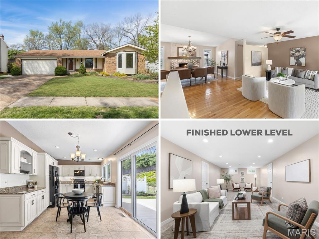 Stunning RENOVATED ranch with reworked open floor plan, FINISHED LOWER LEVEL and large fenced backyard, near 46-acre Schroeder Park (pool, trails, sports, amphitheater and more). Great curb appeal with COVERED FRONT PORCH, brick detail, vinyl siding and professional landscaping. Architectural shingle roof, coach lights, enclosed soffit/fascia, full-glass front storm door and UPSCALE PELLA WINDOWS (some with built-in blinds). Entry opens to living room with GLEAMING HARDWOOD and bright bay window. Formal dining room with BRICK FIREPLACE, open to kitchen - perfect for gatherings. INCREDIBLE LUXURY KITCHEN with custom glazed raised-panel cabinets, soft-close, crown, QUARTZ COUNTERS, upscale appliances with 5-burner gas stove, double oven, and durable ceramic tile flooring. Sliding door steps out to newer OVERSIZED PATIO with pergola overlooking peaceful backyard - ideal for entertaining. Relaxing primary suite with board and batten accent wall, DUAL CLOSETS, step-in glass shower with easy-clean surround and adult-height toilet. 2nd bedroom showcases a bay window and dual closets. Secondary bedrooms share hall bath with tub/shower combo. Recessed lights and 6-panel interior doors throughout. Downstairs FLEXIBLE REC ROOM, laundry area and tons of storage. FENCED BACKYARD backs to trees with generous space to garden and play. Easy access to Highways 141/100 in AWARD-WINNING SCHOOL DISTRICT - walking distance to elementary and high schools.