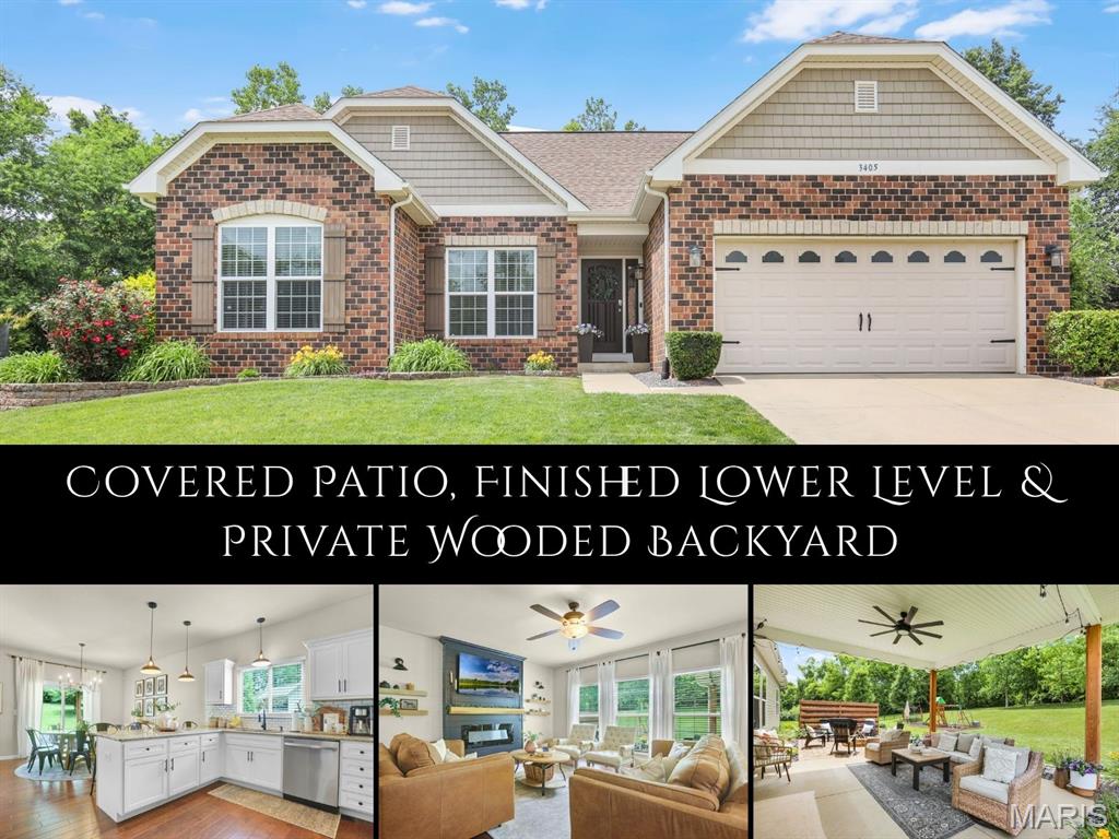 With its beautiful brick facade, shake-accented gables, manicured landscaping & welcoming covered entry, this home showcases timeless Craftsman-inspired curb appeal that makes a memorable first impression. The open-concept design welcomes you w/ rich flooring, soaring ceilings & a sun-filled living room anchored by a striking shiplap fireplace & a wall of windows framing peaceful wooded views. The spacious dining area flows seamlessly into the kitchen featuring creamy shaker-style cabinetry, granite counters, classic subway tile backsplash, pantry, stainless steel appliances & stylish pendant lighting. A convenient mud/laundry room provides direct garage access. Retreat to the spacious owner's suite complete with an oversized walk-in closet & serene ensuite bath showcasing dual sinks, board-and-batten accents and a walk-in shower. The finished lower level expands the living space with a dramatic floor-to-ceiling fireplace flanked by custom built-ins, a large family room, game area with back bar boasting a beverage refrigerator & floating bar w/ seating, full bath, fourth bedroom, bonus room & abundant storage. Outdoor living shines w/ a sprawling covered patio overlooking the beautifully landscaped backyard, complete w/ a built-in firepit, lush green space & fencing, all backing to mature trees for added privacy. Designed for both everyday comfort & effortless entertaining, this move-in-ready home offers the perfect balance of elegance, functionality & peaceful surroundings.