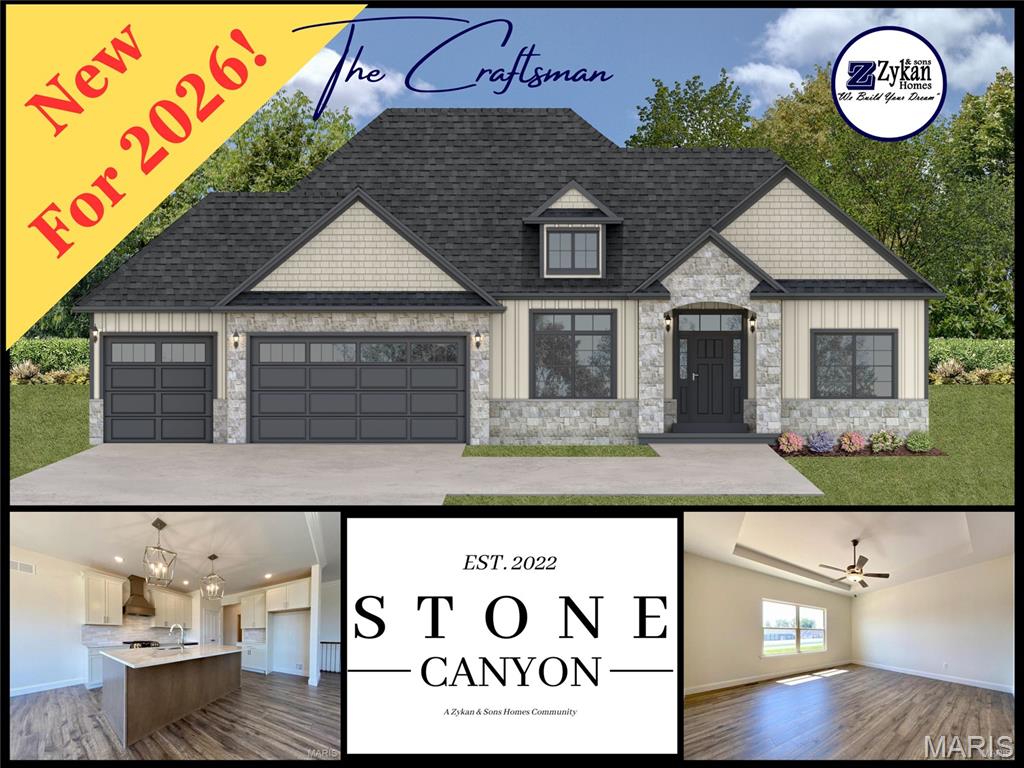 Welcome to Stone Canyon, a Zykan and Sons Homes Community in Foristell, MO. Here you’ll find many great floor plans to choose from all on amazing estate style homesites. All lots are a minimum of .33 acre (14,500+ sq/ft) and some are well over twice that size and many of them back to trees/woods and common ground! Located in the Wentzville School District, Stone Canyon residents will attend North Point High School. So much comes standard in this development that is optional elsewhere such as 3car garages, sill high brick front elevations, fully sodded yards, and too much more to list. NEW FOR 2026 The Craftsman is a ranch model w/ 3 beds, 2 baths, and comes with a STANDARD 17.5' x 8' COVERED PATIO w/ the option to extend the covered patio to 17.5' x 16'! This model also features a dedicated office space! Stone Canyon Display Home is open Thurs-Sun 11am-4pm or Mon-Wed by Appt. Schedule a tour to learn more about The Craftsman and to get started building your dream home!
