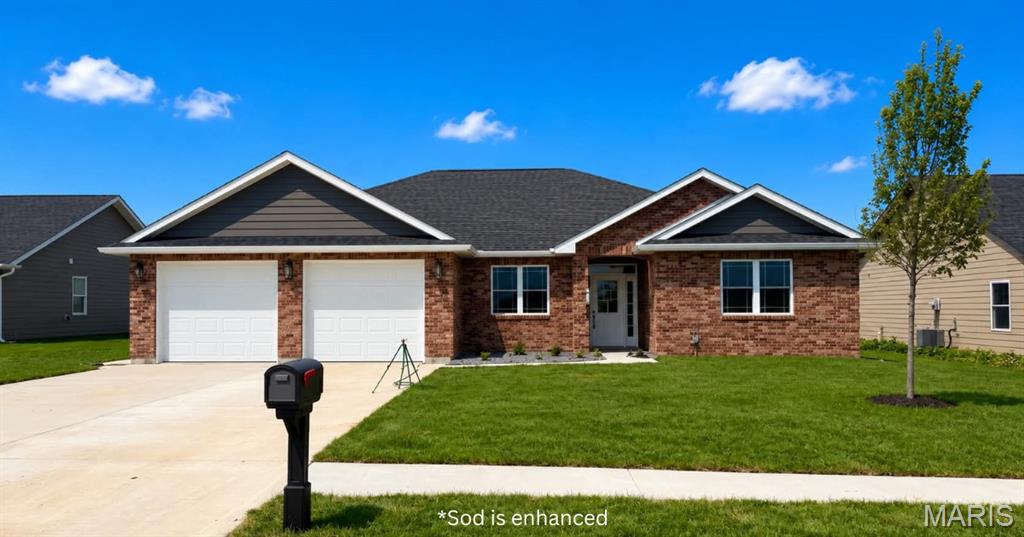 This beautifully crafted new construction home offers 3 bedrooms and 2 bathrooms, thoughtfully designed on a slab foundation for low-maintenance living. The oversized garage provides ample space for vehicles and includes convenient attic storage above. The exterior features three sides of classic brick, complemented by durable composite siding on the rear. Inside, you’ll find a spacious and inviting layout, with the living room, dining area, and kitchen seamlessly connected—perfect for entertaining guests or everyday comfort. The kitchen stands out with custom built walnut cabinets and a large pantry, offering both style and functionality. Step outside to enjoy a nice patio out back, ideal for relaxing. This all-electric home is located in the desirable Minnow Creek subdivision on the west side of Hannibal, just minutes from shopping, dining, and the local hospital and clinic, combining comfort, style, and convenience in one ideal location.