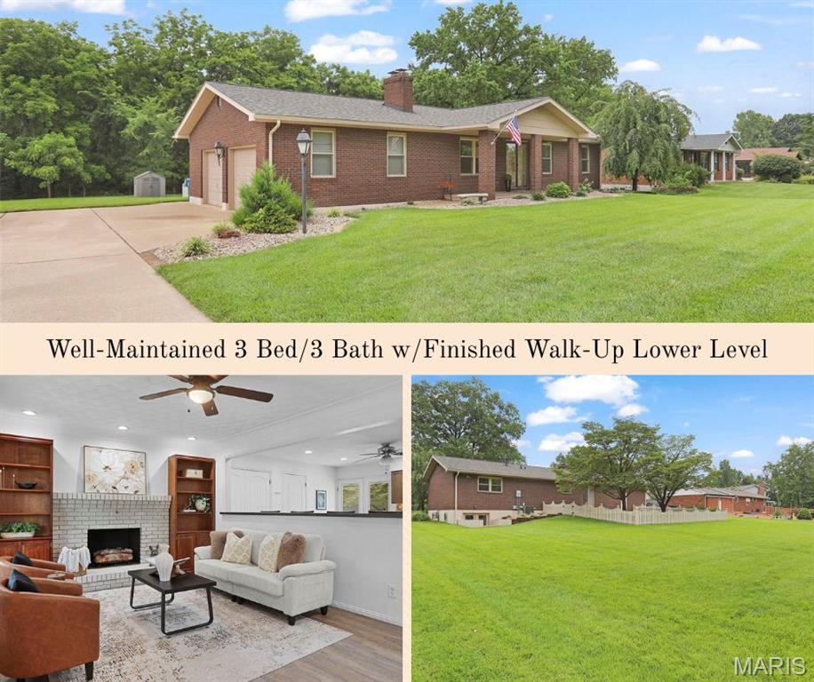 WELL-MAINTAINED, BRICK RANCH, nestled on a quiet almost 1/2 acre lot.  This move in-ready home offers newer LVP throughout all living spaces & bedrooms.  Main floor features a cozy living room with brick gas fireplace & opens to kitchen w/island, tile backsplash, oversized pantry, breakfast area, dishwasher & stainless electric range & microwave.   Primary bedroom has a walk-in closet and updated en-suite bath w/tile shower & flooring.  Bedrooms 2 & 3, and second full updated bath with tile tub/shower & flooring, complete the first floor.  The finished walkout lower level can be conveniently accessed through the garage.  This spacious area features a large open family/recreation room, 2nd floor-to-ceiling brick gas fireplace, updated 1/2 bath (also plumbed for a shower) and storage and laundry area.  Outside space is amazing with a large covered front porch, back patio and large private yard that is partially fenced with a tree-lined back border.  Great space for relaxing or entertaining family and friends!  Other recent updates include, flooring, paint, lighting, water heater (2026), roof (2025), etc.  Sellers can accommodate a quicker closer if needed.