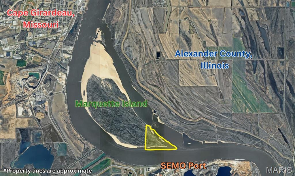 Check out this rare opportunity to purchase approximately 99 acres of the 835-acre Marquette Island, located in the middle of the Mississippi River near Cape Girardeau!  Marquette Island is one of seven islands in the Mississippi River identified as a “string of pearls” by the Middle Mississippi River Partnership.  This is a great recreational tract - perfect for boating, fishing, and camping.  The island provides a home for the endangered interior least tern (bird), and helps form a protective shelter for the endangered pallid sturgeon (fish).  The northern and western portions of the island face industrial and commercial uses on the Missouri side, while this southeastern portion provides a more secluded, reliable, highwater campsite.  The woods consist of cottonwood and willow, while the rest of the tract is a sandbar varying in size depending on water levels.  Find a place protected by the trees to camp, and enjoy the enchanting view of the Bill Emerson Memorial Bridge and the city lights behind from the water!