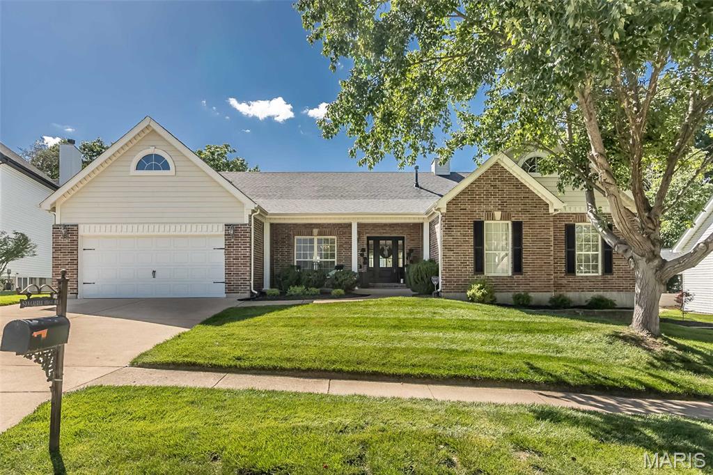 Welcome to 573 Castle Ridge Drive - an exceptional ranch in the Rockwood School District.  This rare ranch offers an expansive level backyard (over 1/3 acre) that backs to common ground. Wide open space for your dream backyard. The home offers 2,531 square feet of main level living, 3 bedroom, 2 &1/2 bath, main floor laundry, separate dining room, living room with fireplace, hearth room with fireplace and breakfast room.  Throughout you will find expansive cathedral ceilings, built ins and architectural design. Natural light fills the home, with an effortless flow ideal for everyday living and entertaining. The standout basement offers a wood burning fireplace, large entertainment area and 2 additional bedrooms with a full bath.  An additional 1,600 square feet of living space to complete your home.  Recent improvements include new roof (2023), new windows in the back (2023), new vinyl siding in the back (2023), new gutters in back (2023), new hot water heater (2024), new stairs (2026), master shower (2026), and freshly painted.  Neighborhood includes a pool and clubhouse.  A rare opportunity to own a ranch with a large level lot in Ballwin.