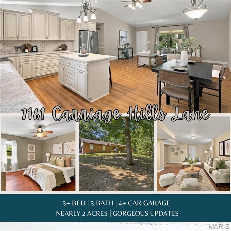 Welcome home to this beautiful, thoughtfully updated ranch nestled on nearly 2 picturesque acres! Offering 3 spacious bedrooms and 3 full bathrooms, this home has been updated throughout while maintaining a warm and inviting feel.
The heart of the home is the beautiful open-concept kitchen and living area, creating an inviting space for everyday living and entertaining. The kitchen features gorgeous beige cabinetry and beautiful countertops, seamlessly flowing into the living room for a spacious, connected feel. The finished lower level provides even more living space, including an additional sleeping area and full bathroom, making it ideal for guests, a private retreat, home office, or flexible living arrangement. Outside, the possibilities continue with a new septic system, expansive acreage, and an impressive 4+ car garage setup, including a large detached garage perfect for vehicles, hobbies, storage, or a workshop. With beautiful updates throughout, generous living space, an open floor plan, and room to spread out, this property offers the perfect blend of comfort, functionality, and peaceful acreage living with nearly two beautiful acres, abundant garage space, and a move-in-ready home make this one you won't want to miss!