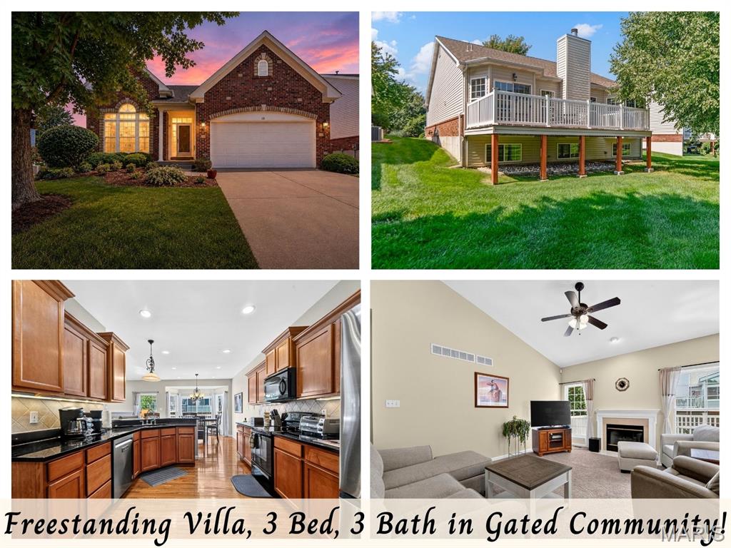 Hurry to see this Free-Standing Villa (basically a Single Family Detached Home that provides Lawn Care, Snow Removal and Trash Service for $195 per month fee.  Located in this fantastic Gated-Community located in prime, convenient location. Quality-built by Fischer & Frichtel!  All homes have striking brick and stone exteriors and lawns are irrigated to be kept lush and green.  Walk to Walgreen's, Schnucks Grocery Store, the Fire House and Police Station situated 4 blocks outside the community. Located within 1 mile from Hwy 70 andlHwy 94.  This property has an open floorplan with two finished levels for a total of 3 Bedrooms and 3 Baths.  9ft Ceilings on first floor and Deep pour in Lower Level. The Great Room is Vaulted with cozy, gas fireplace and is open to the updated, kitchen with granite countertops.  Lots of cabinetry w/soft close doors, accented w/Crown Molding, roll-outs on bottom cabinetry, under cabinet lighting and tile backsplash.  Off the BreakfastRm you’ll be delighted by the large composite deck that provides plenty of outdoor entertaining space! The spacious Primary Suite features a bay, walk-in closet finished with organizers and updated primary bath with beautiful cabinetry, two linen cabinets, newer shower doors and adult-high toilet in water closet and beautiful luxury plank flooring. Shower has a VERY LOW threshold for easy entry/exit. 

An extra bedroom, full bath & Laundry Room complete the main floor with great closets space - Entry Coat Closet, Pantry in Kitchen and Walk-in Storage Closet in LaundryRm.   The finished basement offers a large open living space, wet bar with Cabinetry and dedicated space for full-size Refrigerator. A large finished space is currently set up as a Gym with access to the Storage and Mechanicals and a large finished walk-in Closet for Storage.  There is a third bedroom w/full bath and various storage spaces. This property is a well-maintained gem with many updates including: newer roof (8 yrs old) air conditioner & furnace replaced in 2022. New Dishwasher 2025, All Toilets upgraded in 2023, Newer refrigerator 2023 and washer & dryer (2023) are included.  And besides all the natural sunlight, this home is decked out with Recessed, Ceiling Lighting on both levels!  Situated in a cul-de-sac and looks out into green space - no homes across the street.   Enjoy the carefree home lifestyle with the $195 per month fee for lawn maintenance, snow removal, trash service in this wonderful, Gated Community.