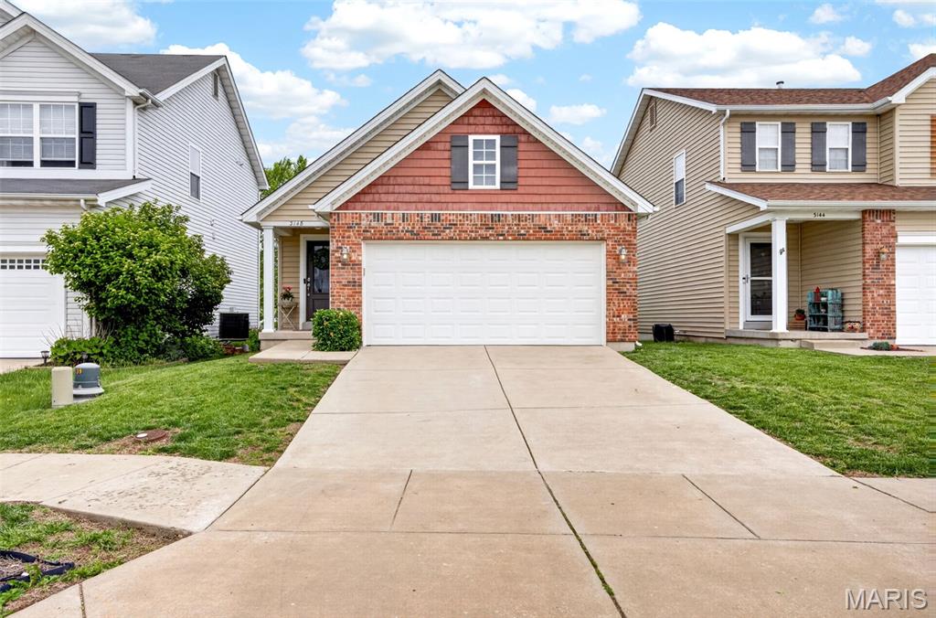 Welcome to Charlestowne! An active and vibrant community located just minutes from New Town, bustling with entertainment, shops, restaurants, and located in the highly rated Orchard Farm School District. You are sure to fall in LOVE with this charming 2 bed / 2 bath ranch home that has been well maintained. This open concept floor plan greets you with gleaming hardwood flooring and vaulted ceilings throughout the main living area. Spacious eat-in kitchen with a breakfast bar features 42" espresso cabinets, stainless steel appliances, pantry, and plenty of counter space. Spacious living room with sliding glass door leads out to a flat, level back yard with mature trees that backs to common ground. Primary suite features a full bath/shower, adult hight vanity & HUGE walk-in closet. Spacious 2nd bedroom with full size closet and adjacent hall bath with adult height vanity. Designer doors, upgraded 2" blinds, updated lighting, and ceiling fans complete the main floor. Lower level is unfinished and waiting your finishing touches, but includes an egress window, water softener, radon mitigation system, and tons of extra room for storage. Upgraded Brick veneer exterior elevation with shake siding and 2 car garage are just the little extras that make all the difference. Fall in LOVE with this area and lifestyle and schedule your private showing today!