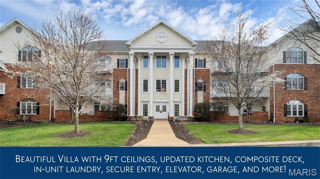 Welcome to the Villas at Kenrick! This highly desirable community features beautiful, well-manicured grounds, including a fantastic clubhouse, a pool, tennis courts, lovely views of Kenrick Glennon Seminary grounds, and a short walk to Wehner Park. Enjoy the secure building entrance and convenient elevator access, providing an easy 'no-steps' entry to your new home. Upon stepping out of the elevator, you’ll find an inviting and impeccable common area where you can visit with friends and neighbors. Your first impression will be wonderful as you enter the bright Great Room, which boasts high 9-foot ceilings and a beautiful atrium door flanked by sidelights and a transom window, allowing an abundance of natural light to fill the space. Step out to a large composite deck to enjoy your morning coffee while taking in grand sunrise views. The lovely dining area leads to an updated kitchen featuring attractive white cabinetry, under-cabinet lighting, subway backsplash, granite countertops, quality appliances, and a spacious pantry. The primary bedroom also features an atrium door with access to the deck.  The en-suite bathroom features an oversized vanity, a dressing area with an additional vanity, and a generous walk-in closet. The second bedroom is serviced by a full bathroom. For your convenience, there is a laundry room equipped with a full-size washer and dryer. Take the elevator down to the climate-controlled garage, which offers one designated parking space and a storage locker. Enjoy a relaxed lifestyle and a great location, just minutes away from all the amenities the area offers!