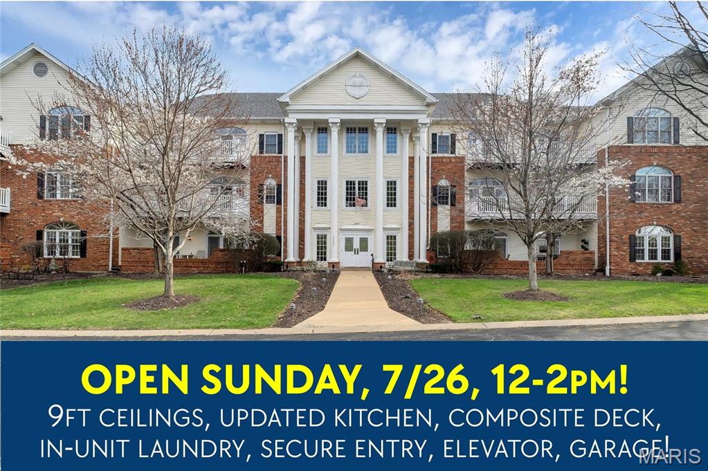 Welcome to the Villas at Kenrick! This highly desirable community features beautiful, well-manicured grounds, including a fantastic clubhouse, a pool, tennis courts, lovely views of Kenrick Glennon Seminary grounds, and a short walk to Wehner Park. Enjoy the secure building entrance and convenient elevator access, providing an easy 'no-steps' entry to your new home. Upon stepping out of the elevator, you’ll find an inviting and impeccable common area where you can visit with friends and neighbors. Your first impression will be wonderful as you enter the bright Great Room, which boasts high 9-foot ceilings and a beautiful atrium door flanked by sidelights and a transom window, allowing an abundance of natural light to fill the space. Step out to a large composite deck to enjoy your morning coffee while taking in grand sunrise views. The lovely dining area leads to an updated kitchen featuring attractive white cabinetry, under-cabinet lighting, subway backsplash, granite countertops, quality appliances, and a spacious pantry. The primary bedroom also features an atrium door with access to the deck.  The en-suite bathroom features an oversized vanity, a dressing area with an additional vanity, and a generous walk-in closet. The second bedroom is serviced by a full bathroom. For your convenience, there is a laundry room equipped with a full-size washer and dryer. Take the elevator down to the climate-controlled garage, which offers one designated parking space and a storage locker. Enjoy a relaxed lifestyle and a great location, just minutes away from all the amenities the area offers!