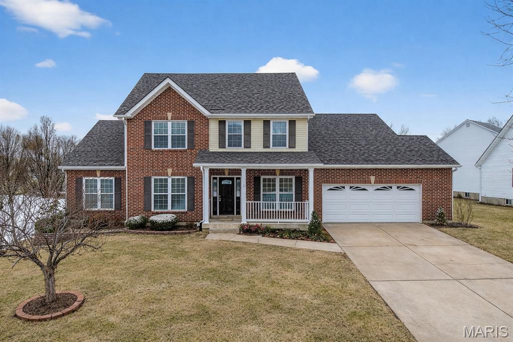 The current contract has a kickout clause. (Ask your agents for info.) Welcome to the highly sought-after Villages of Hutchings Farms. This two-story home with a finished basement has plenty to brag about! The entry foyer brings you directly onto hardwood floors throughout the main level with dining room, living room, great room with vaulted ceiling, kitchen, primary bedroom and a secondary bedroom. The primary bath has separate vanities, a soaking tub, and separate shower. Upstairs are 3 generous sized bedrooms, one including its own full bathroom. Another hall bath upstairs as well. The basement is finished with a bonus sleeping room, two rec rooms and a second kitchen with dishwasher and range/stove hookups. Plenty of storage room is still available in the basement. Out back is a large patio and beautiful landscaping. Don't forget the dual furnaces, 9 year old roof, kitchen fridge stays, oversized two car garage, inground sprinkler system, subdivision pool, clubhouse, tennis courts...Come visit to see more!