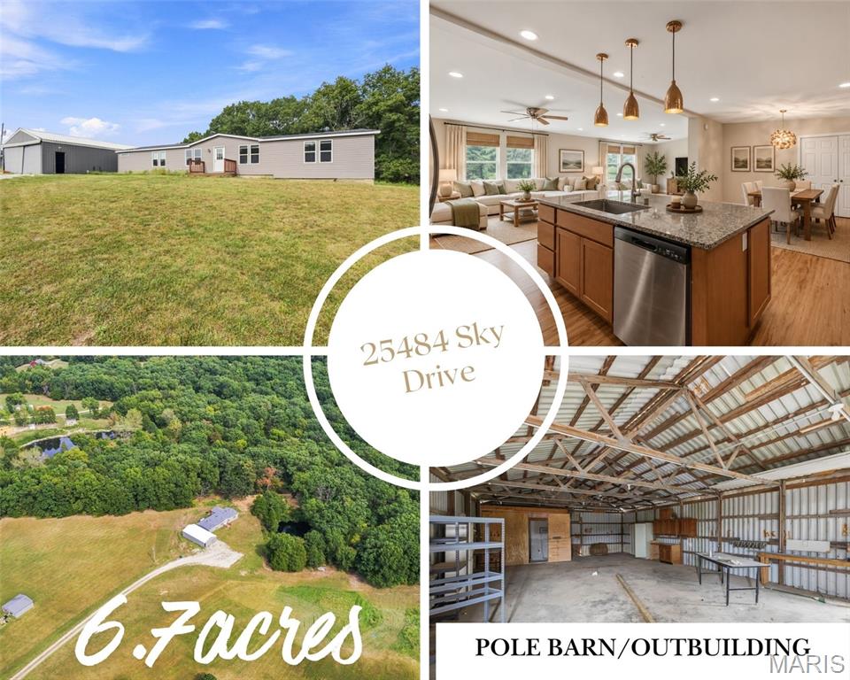 Looking for your perfect country set-up?? Here it is!  Nearly 7 acres of open ground, mature woods, a private pond and a massive outbuilding create the kind of country property that is getting harder and harder to find. Set well off the road on approximately 6.7 acres, this Warrenton home was COMPLETELY RENOVATED in 2023 and offers room to spread out, space to work and a setting that feels wonderfully removed from the everyday. Follow the gravel drive across the property and the home comes into view against a backdrop of trees, with wide stretches of open land surrounding it and the pond tucked quietly along the wooded edge. The large detached pole barn/outbuilding is a standout of its own, concrete foundation offering an incredible amount of space for vehicles, equipment, a workshop, hobbies or storage. Step inside and the home feels bright, fresh and unexpectedly spacious. Warm wood-look flooring runs throughout the main living areas, while an abundance of windows brings the surrounding landscape into nearly every room. At the center of the home, an expansive open-concept kitchen and living area creates one large gathering space, anchored by an oversized granite island with seating and prep space, stainless steel appliances, abundant cabinetry and pendant lighting. A separate dining area flows easily from the kitchen, while the generous living room offers plenty of room to settle in without sacrificing that open feel. Even the laundry room has been given extra function with built-in shelving, cabinetry, a utility sink and a window overlooking the property. Outside, multiple decks provide a place to sit back and take in the quiet, but the real luxury here is simply the land. Open acreage gives you room for gardens, recreation, animals, hunting or future ideas, while the surrounding woods create privacy and a beautiful natural backdrop. Wander toward the tree line and discover the pond (stocked in years past) tucked among the greenery, adding yet another layer to a property already full of possibilities. BRAND NEW SEPTIC SYSTEM too!!  Whether you're dreaming of a workshop, homestead, hobby farm, room for all the toys or simply a little more space between you and the rest of the world, 25484 Sky Drive offers 6.7 acres to make it your own.