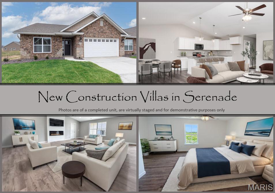 Welcome to 19 Sonata Lane in Troy, IL, an upscale new construction villa in the highly desirable 55+ Serenade Villas community. This beautifully crafted home offers exceptional curb appeal with timeless brick and stone exterior detailing, setting the tone for the quality and thoughtful design found throughout.

Step inside to a bright, open layout featuring a spacious living room with a built-in electric fireplace and stylish shiplap surround. The kitchen is designed for both everyday living and entertaining, showcasing a large center island, upgraded cabinetry, and granite countertops, all flowing into the dining area under a soaring vaulted ceiling that creates an airy, welcoming feel.

The primary suite is a relaxing retreat with a private bath featuring dual vanities, a tiled shower, and a generous walk-in closet. A second bedroom provides comfortable space for guests, while the bonus room offers outstanding flexibility - ideal for a home office, craft room, hobby space, or additional sitting area.

Enjoy the outdoors from your covered patio, perfect for relaxing with morning coffee or evening downtime. Additional highlights include no-step living throughout, luxury vinyl plank and ceramic tile flooring, and a 2-car garage with extra storage.

Conveniently located near shopping, dining, parks, a stocked pond, walking trails, and quick interstate access, this home delivers the perfect blend of comfort, convenience, and modern low-maintenance living in Troy.