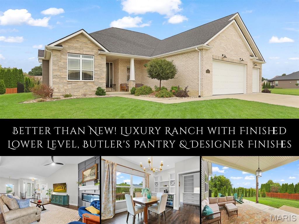 Thoughtfully designed, meticulously maintained & beautifully appointed, this exceptional ‘23 ranch in Governor's Way offers craftsmanship & timeless finishes that quietly set it apart. Sunlight pours through the open floor plan, where soaring vaulted ceilings, custom millwork & LVP flooring create a warm, welcoming backdrop for everyday life. The magazine-worthy kitchen is equally beautiful & functional, featuring quartz counters, double ovens, an apron-front sink, oversized waterfall island accented by exquisite pendant lighting, walk-in pantry, impressive butler's pantry w/ exterior access & a built-in beverage station in the dining area ready for everything from busy mornings to holiday gatherings. When the day is done, retreat to the boutique hotel-like owner's suite, where a cozy sitting alcove invites you to slow down with a favorite book before escaping to the spa-inspired bath w/ dual vanities w/ LED mirrors, soaking tub, floor-to-ceiling solid surface walk-in shower & professionally designed custom closet. The main floor guest bath & 1 of the add’l bedrooms are wheelchair accessible. The finished lower level extends your living space w/ a family room, dry bar w/ full-size fridge & microwave, 4th bedroom, full bath, 2 flexible bonus rooms & abundant storage. Outside, enjoy peaceful evenings on the partially covered patio overlooking the fenced backyard lined w/ newly planted trees. Just minutes from schools, shopping, dining & the interstate!